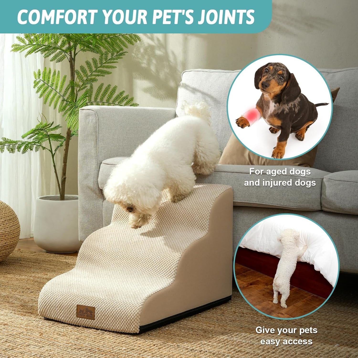 Dog Stairs for Small Dogs 15.7" H, Curved Dog Step for Puppy, Older Cat, Medium Pet Ramp for Sofa, Couch or Chair, Ladder with High Density Foam, 3 Step, 15.7X22.4X15.7 Inch, Beige