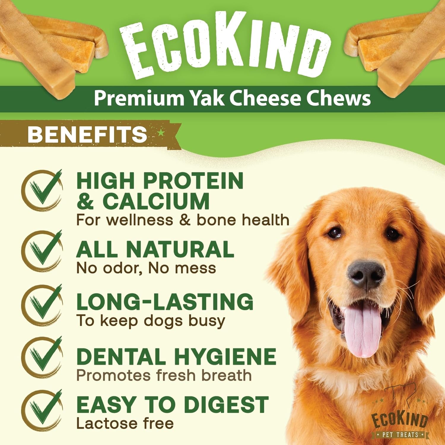 Ecokind Premium Gold Yak Cheese Himalayan Dog Chews, Dog Treats for Medium Dogs, All Natural, High Protein, for Aggressive Chewers, Medium - 3 Chews