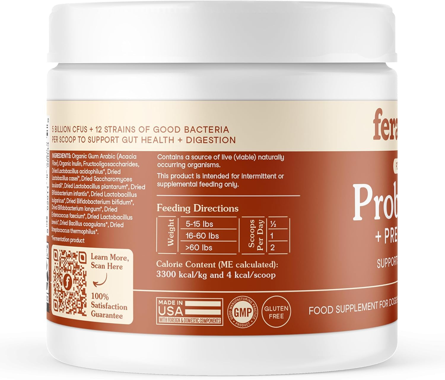 Probiotics for Dogs & Cats with Prebiotics - USDA Organic - Gut Health Powder Supplement with 12 Strains and 5 Billion Cfus - Supports Immunity, Energy and Skin & Coat - 60 Scoops