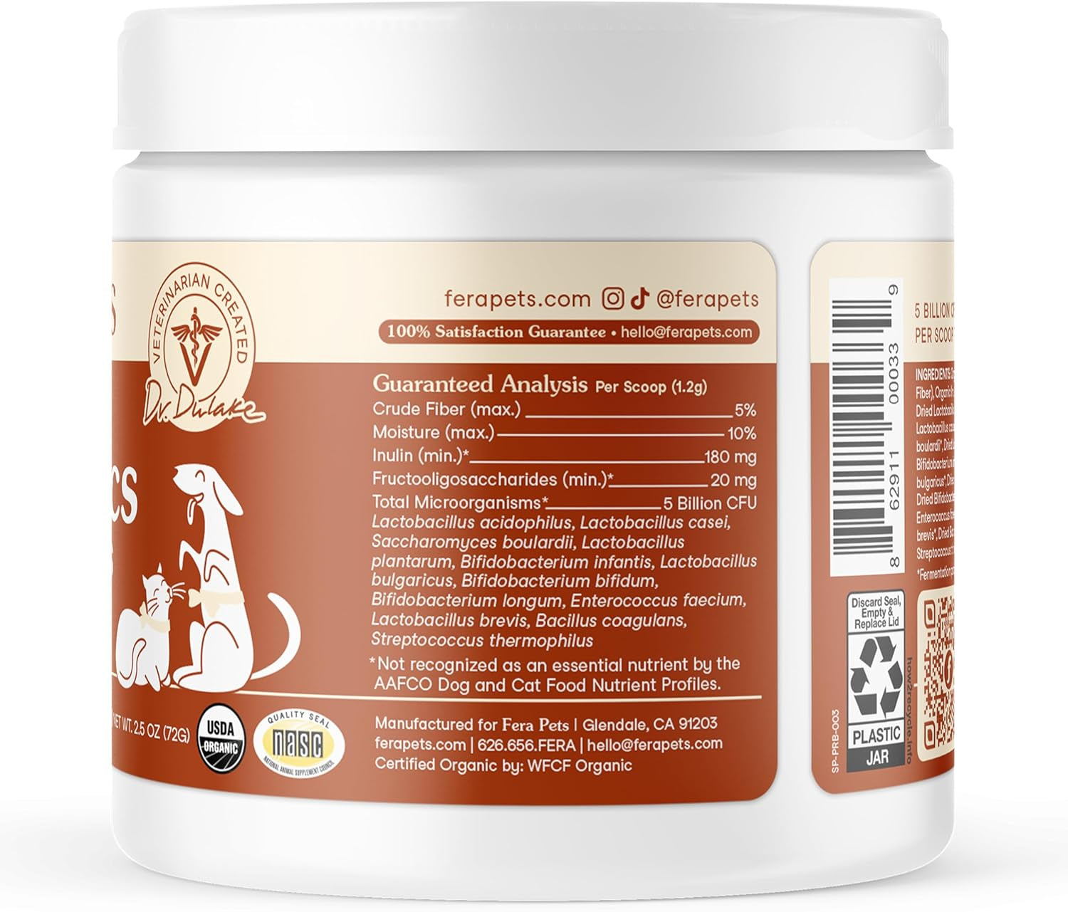 Probiotics for Dogs & Cats with Prebiotics - USDA Organic - Gut Health Powder Supplement with 12 Strains and 5 Billion Cfus - Supports Immunity, Energy and Skin & Coat - 60 Scoops