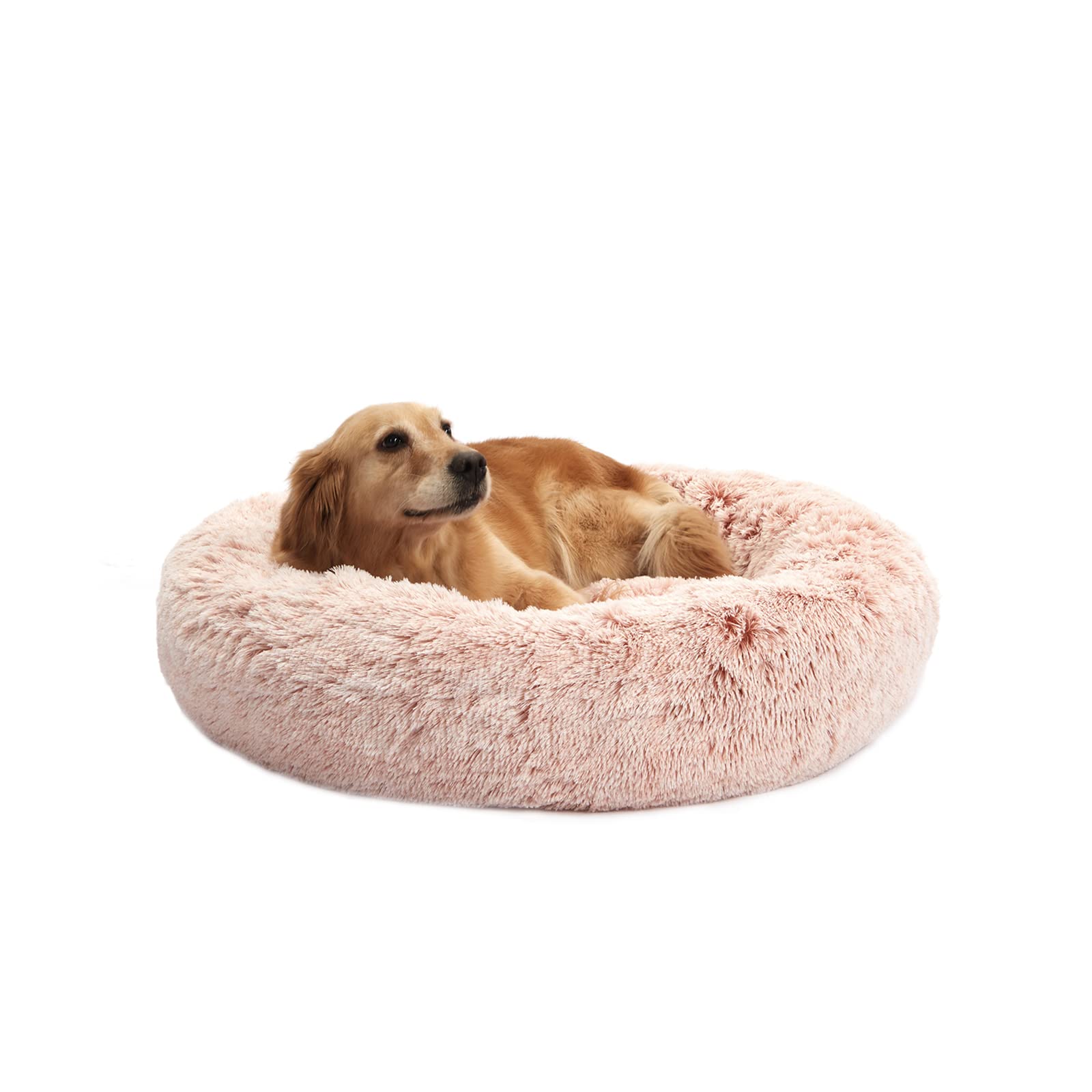 Bedfolks Calming Donut Cat Bed, Dia23 Round Fluffy Dog Beds for Small Dogs & Cat Beds for Indoor Cats, Washable Anti-Anxiety Plush Puppy Bed（Pink, Small）