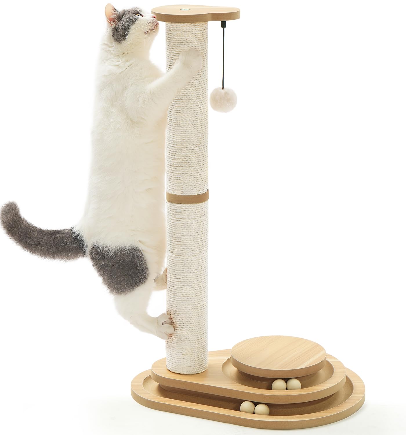 Made4Pets Cat Scratching Post with Cloud Bed Perch & Toys for Indoor Cats, Small Cat Tree Tower with Sisal Cat Scratcher & 2 Layer Track Balls, 6-in-1 with Self Groomer Brush & Plush Balls for Kittens