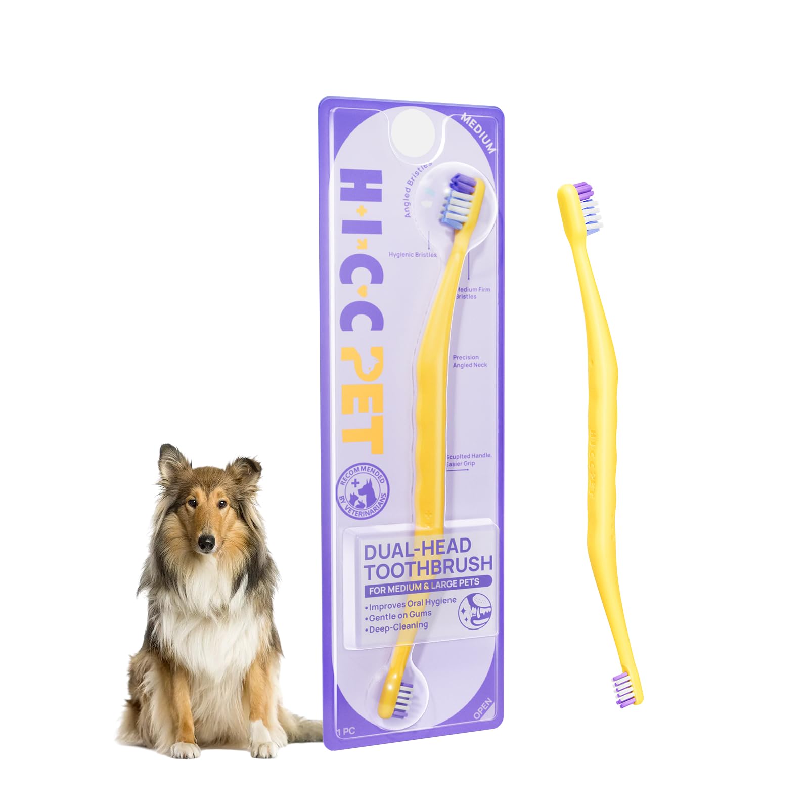 HICC PET Toothbrush for Dogs & Large Cats, Vet-Recommended Dog Toothbrush with Triple Bristle, Ergonomic Design, Improves Oral Hygiene, Deep Teeth Cleaning, Gum & Dental Care, Toothpaste Not Included