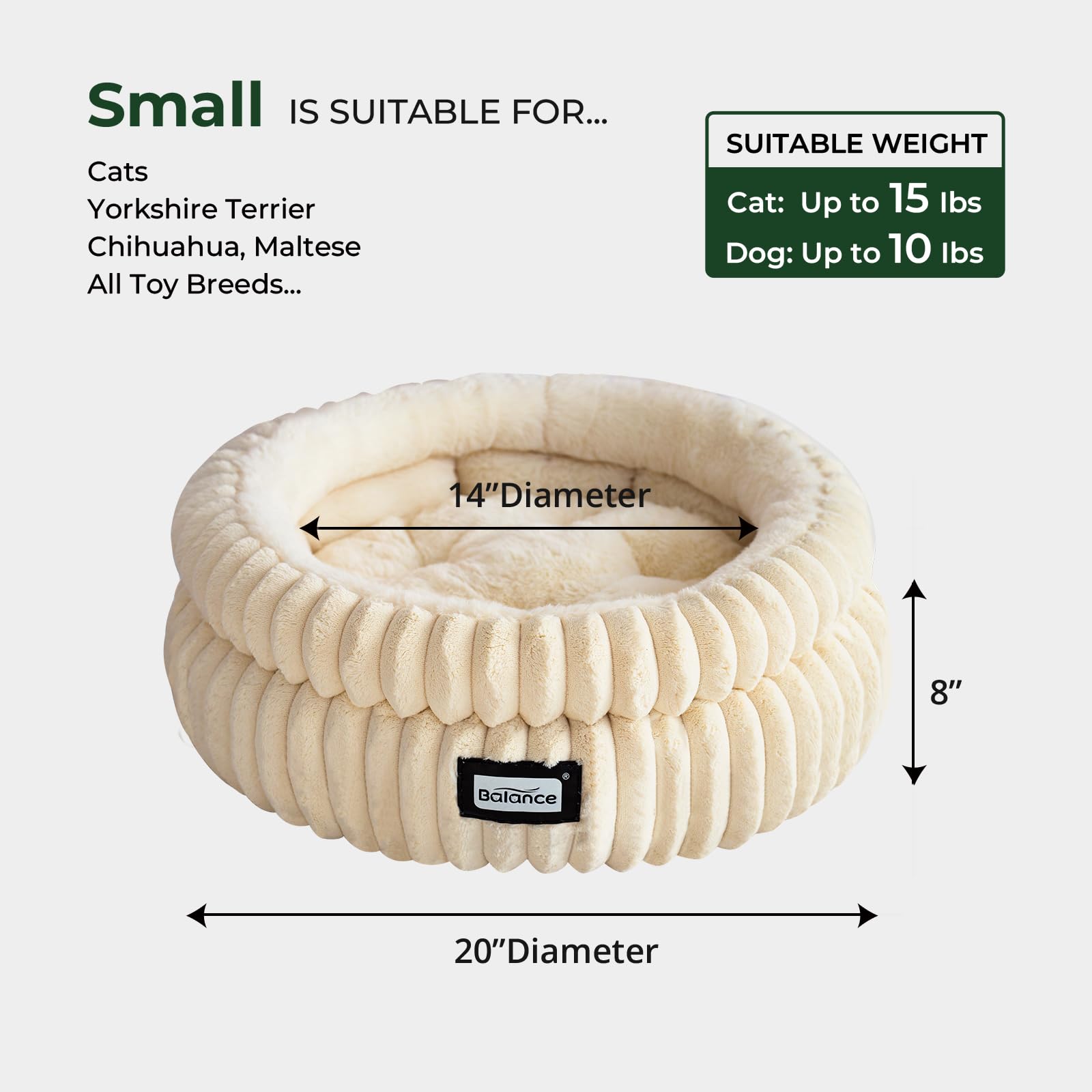 BALANCE Cat Bed Kitten Bed, Washable Round Cat Beds for Indoor Cats, Super Soft Plush Faux Fur Pet Bed for Puppy and Kitten with Anti-Slip Bottom