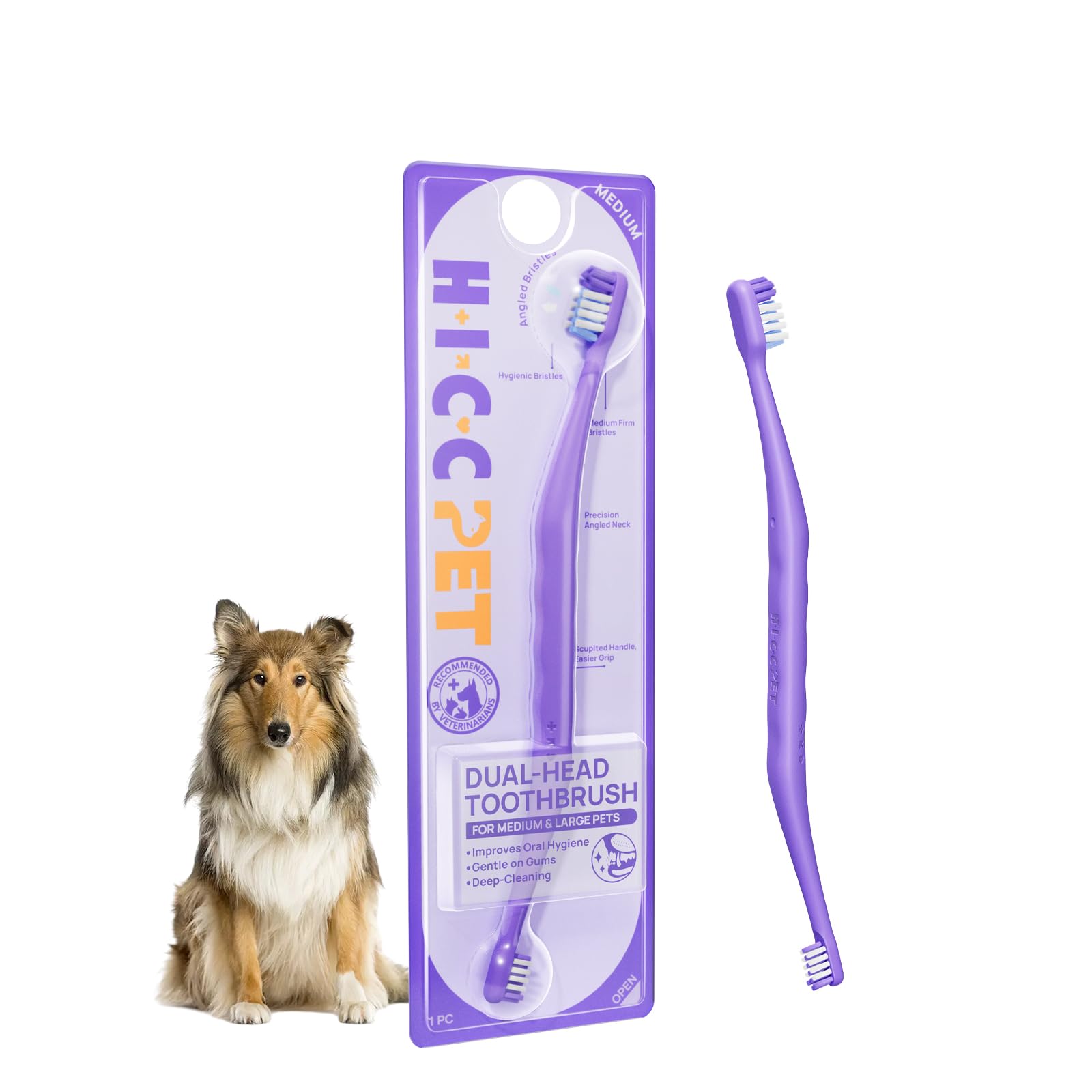 HICC PET Toothbrush for Dogs & Large Cats, Vet-Recommended Dog Toothbrush with Triple Bristle, Ergonomic Design, Improves Oral Hygiene, Deep Teeth Cleaning, Gum & Dental Care, Toothpaste Not Included