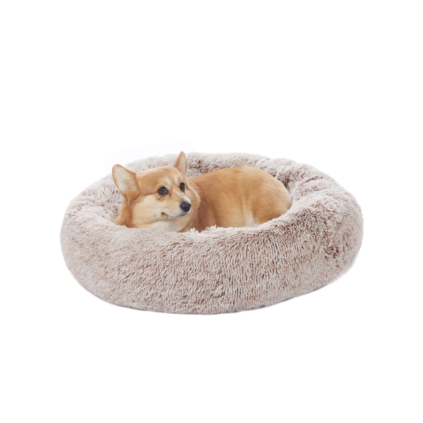 Bedfolks Calming Donut Cat Bed, Dia23 Round Fluffy Dog Beds for Small Dogs & Cat Beds for Indoor Cats, Washable Anti-Anxiety Plush Puppy Bed（Pink, Small）