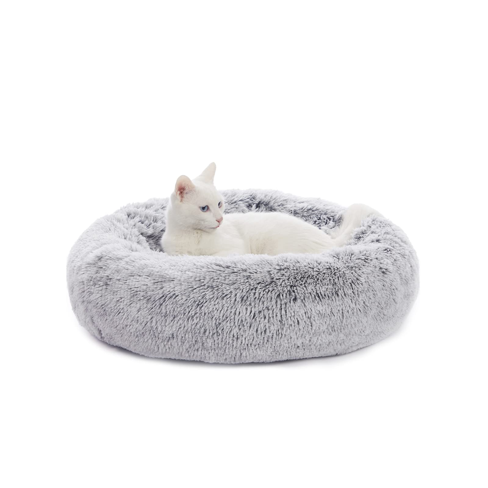 Bedfolks Calming Donut Cat Bed, Dia23 Round Fluffy Dog Beds for Small Dogs & Cat Beds for Indoor Cats, Washable Anti-Anxiety Plush Puppy Bed（Pink, Small）