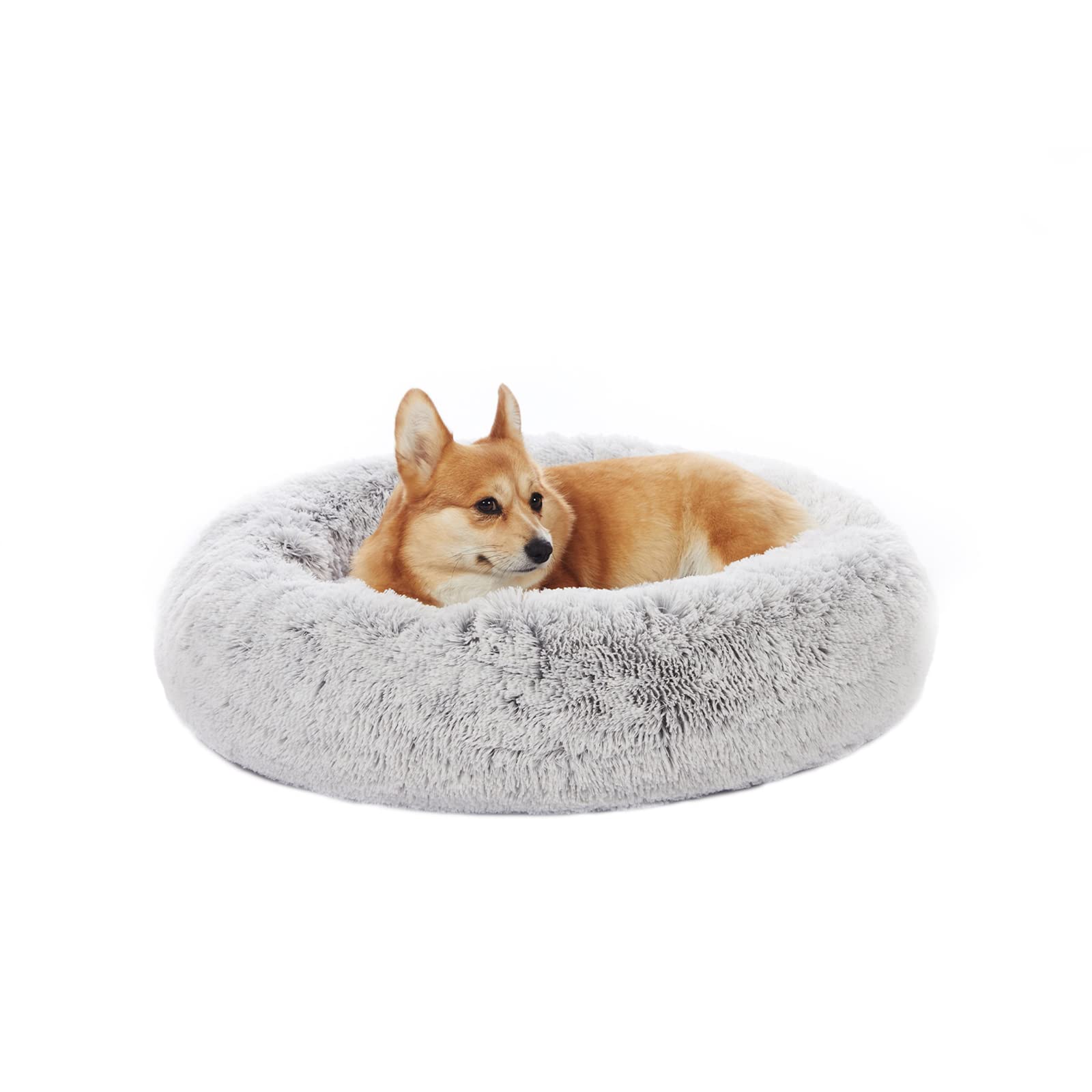 Bedfolks Calming Donut Cat Bed, Dia23 Round Fluffy Dog Beds for Small Dogs & Cat Beds for Indoor Cats, Washable Anti-Anxiety Plush Puppy Bed（Pink, Small）