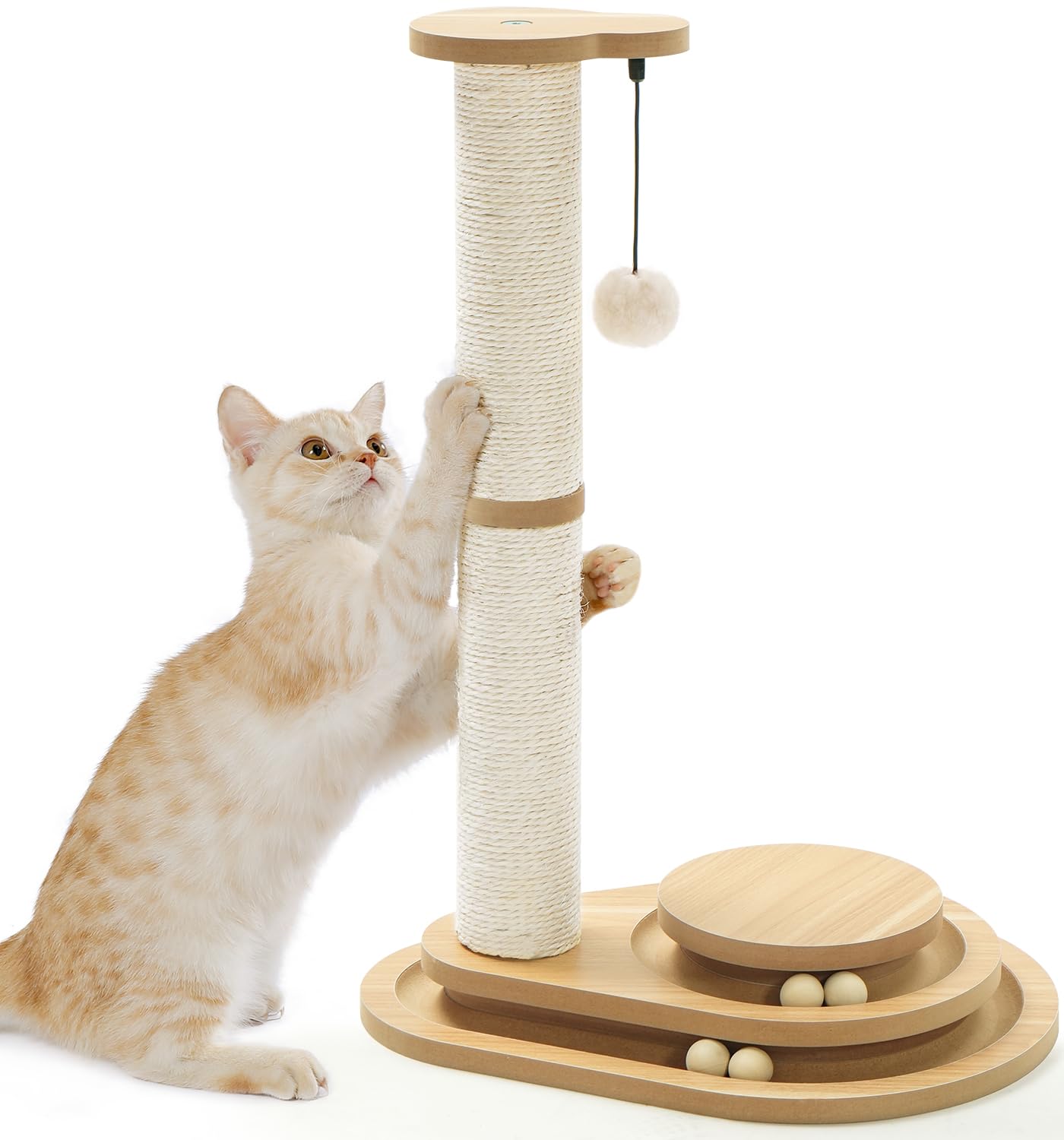 Made4Pets Cat Scratching Post with Cloud Bed Perch & Toys for Indoor Cats, Small Cat Tree Tower with Sisal Cat Scratcher & 2 Layer Track Balls, 6-in-1 with Self Groomer Brush & Plush Balls for Kittens