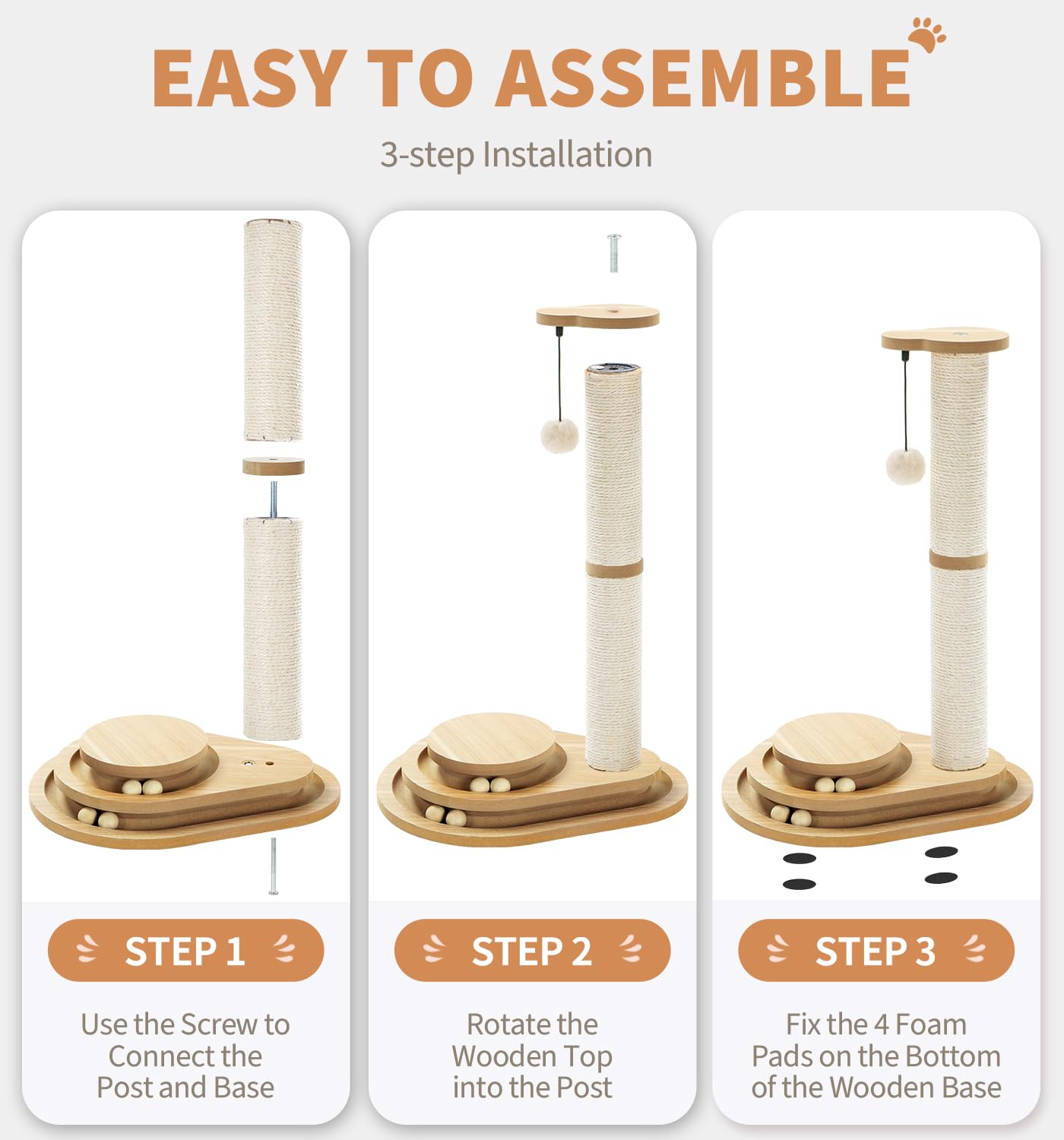 Made4Pets Cat Scratching Post with Cloud Bed Perch & Toys for Indoor Cats, Small Cat Tree Tower with Sisal Cat Scratcher & 2 Layer Track Balls, 6-in-1 with Self Groomer Brush & Plush Balls for Kittens