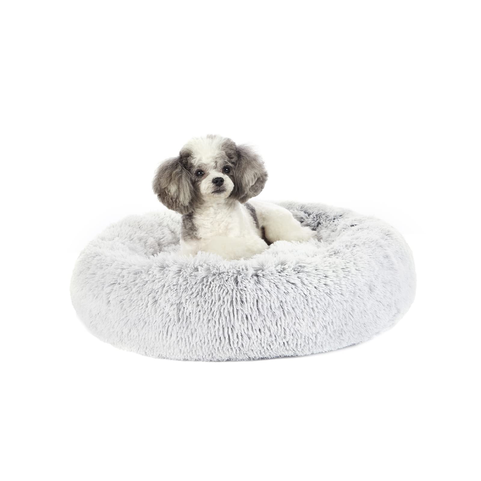 Bedfolks Calming Donut Cat Bed, Dia23 Round Fluffy Dog Beds for Small Dogs & Cat Beds for Indoor Cats, Washable Anti-Anxiety Plush Puppy Bed（Pink, Small）