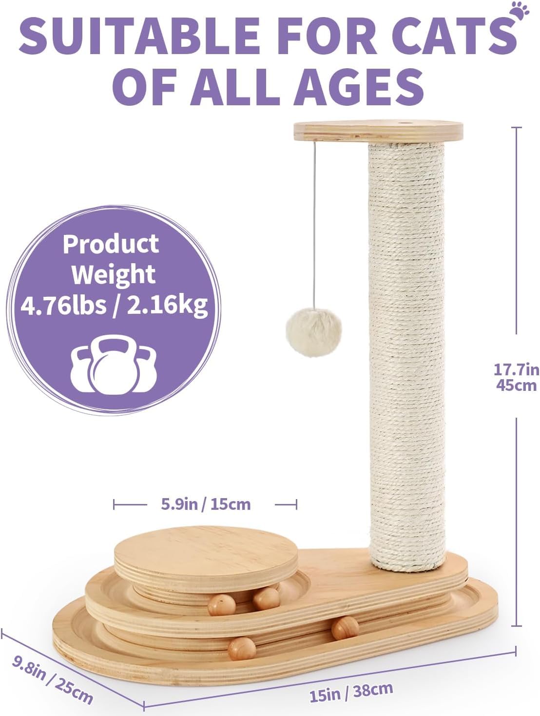 Made4Pets Cat Scratching Post with Cloud Bed Perch & Toys for Indoor Cats, Small Cat Tree Tower with Sisal Cat Scratcher & 2 Layer Track Balls, 6-in-1 with Self Groomer Brush & Plush Balls for Kittens