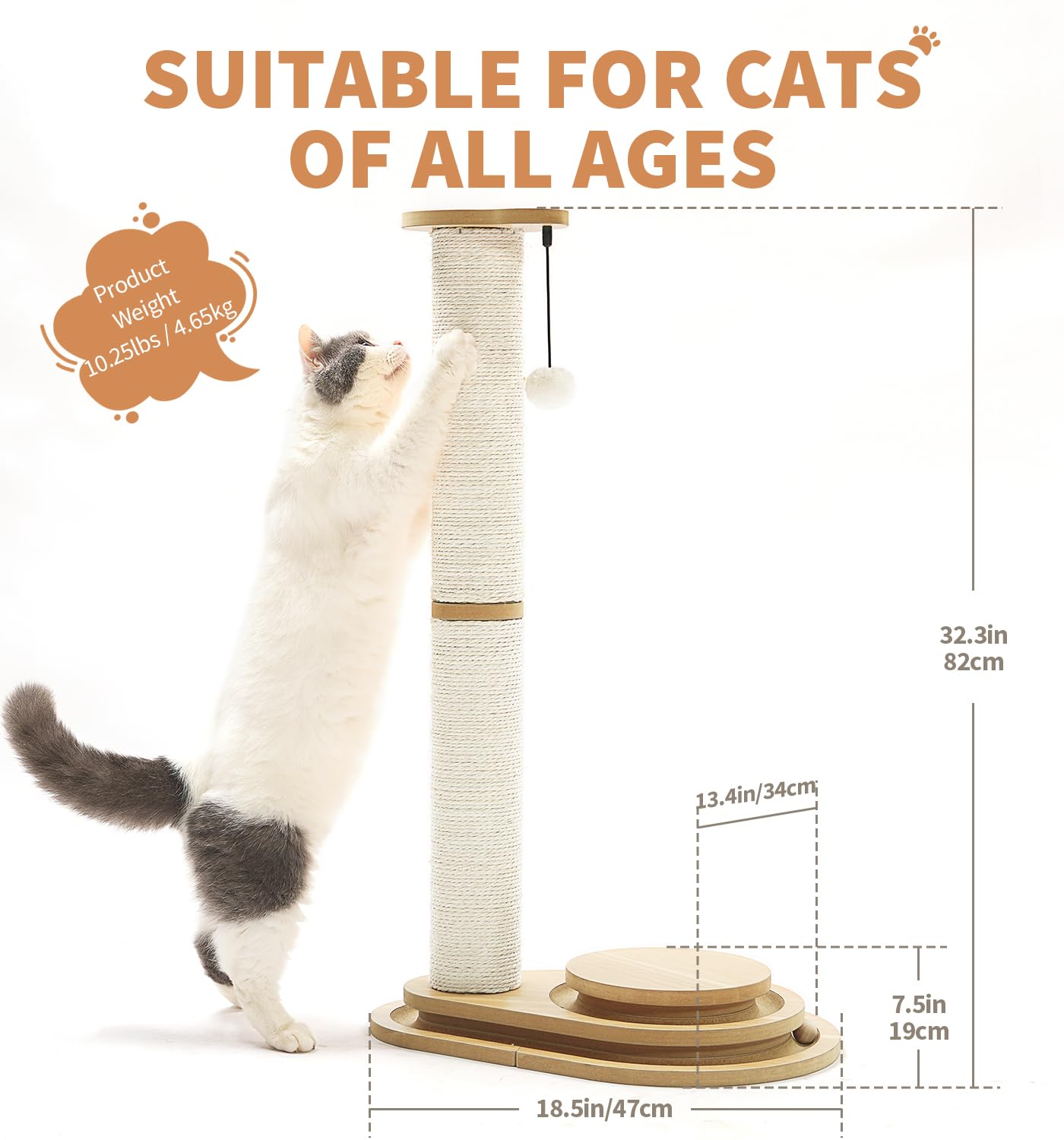 Made4Pets Cat Scratching Post with Cloud Bed Perch & Toys for Indoor Cats, Small Cat Tree Tower with Sisal Cat Scratcher & 2 Layer Track Balls, 6-in-1 with Self Groomer Brush & Plush Balls for Kittens