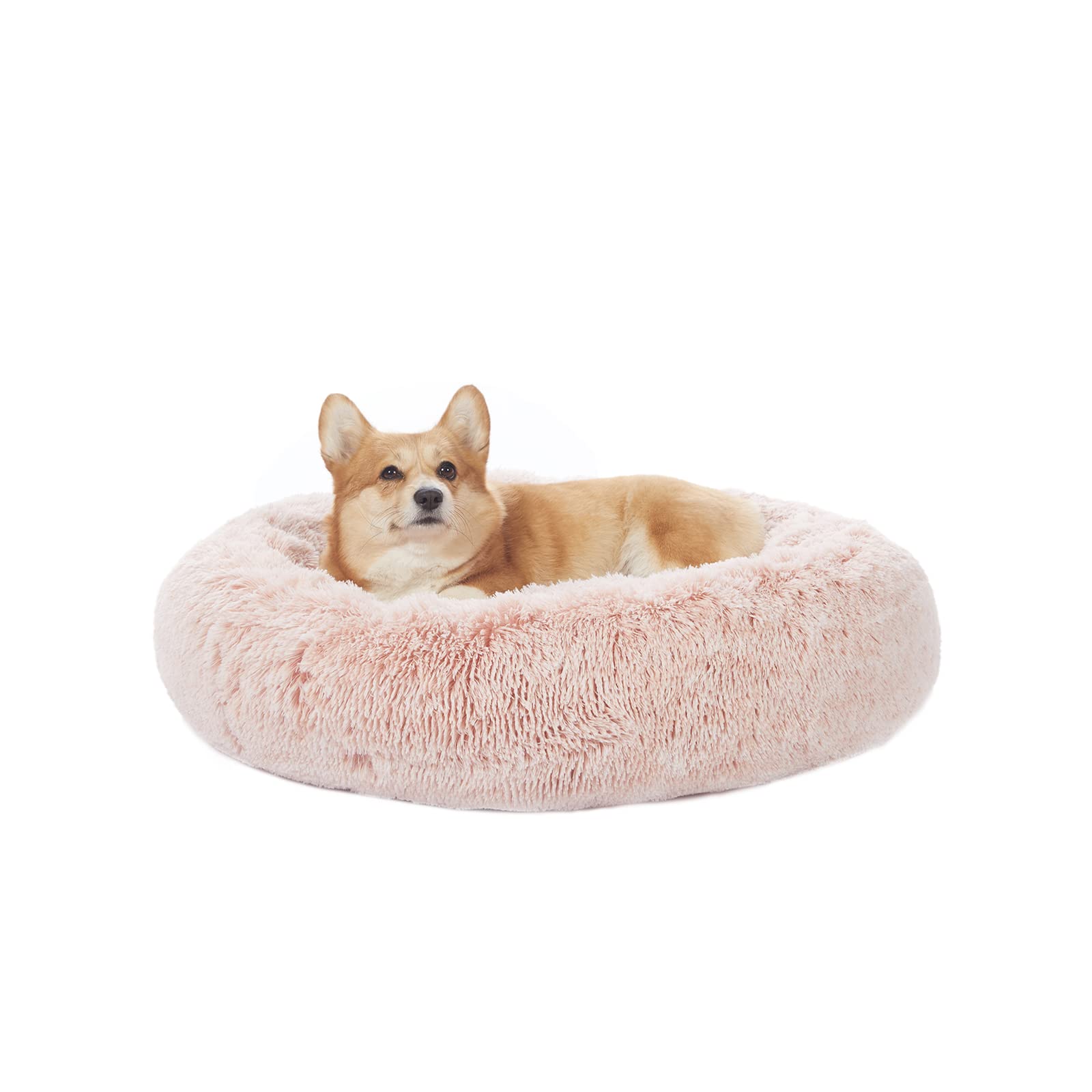 Bedfolks Calming Donut Cat Bed, Dia23 Round Fluffy Dog Beds for Small Dogs & Cat Beds for Indoor Cats, Washable Anti-Anxiety Plush Puppy Bed（Pink, Small）