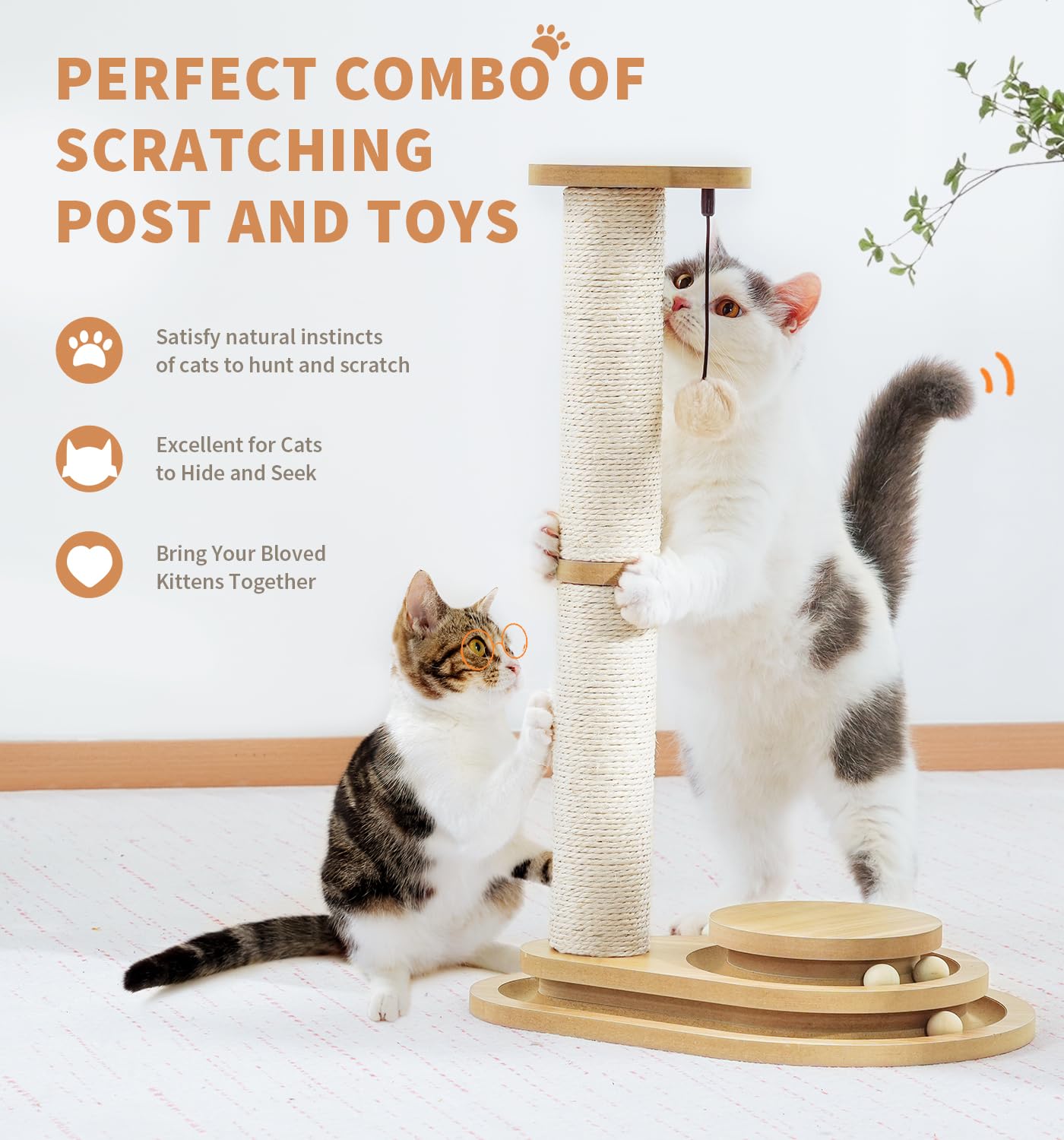 Made4Pets Cat Scratching Post with Cloud Bed Perch & Toys for Indoor Cats, Small Cat Tree Tower with Sisal Cat Scratcher & 2 Layer Track Balls, 6-in-1 with Self Groomer Brush & Plush Balls for Kittens