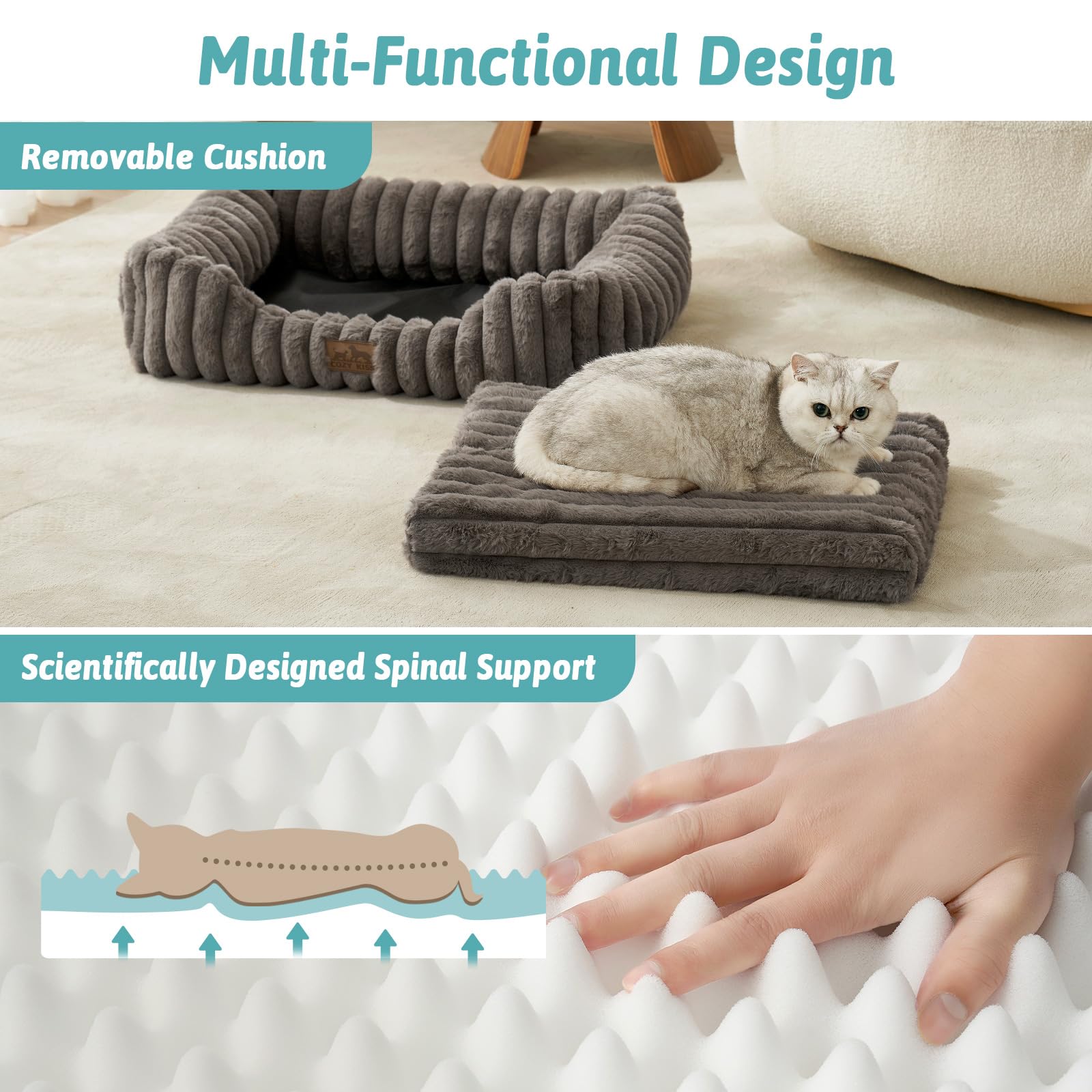 COZY KISS Orthopedic Dog Bed for Small Dogs & Medium Dogs - Washable Rectangle Pet Bed with Anti-Slip Bottom, Soft Calming Cat & Puppy Bed for Indoor Pets (30"x23"x7", Cream)