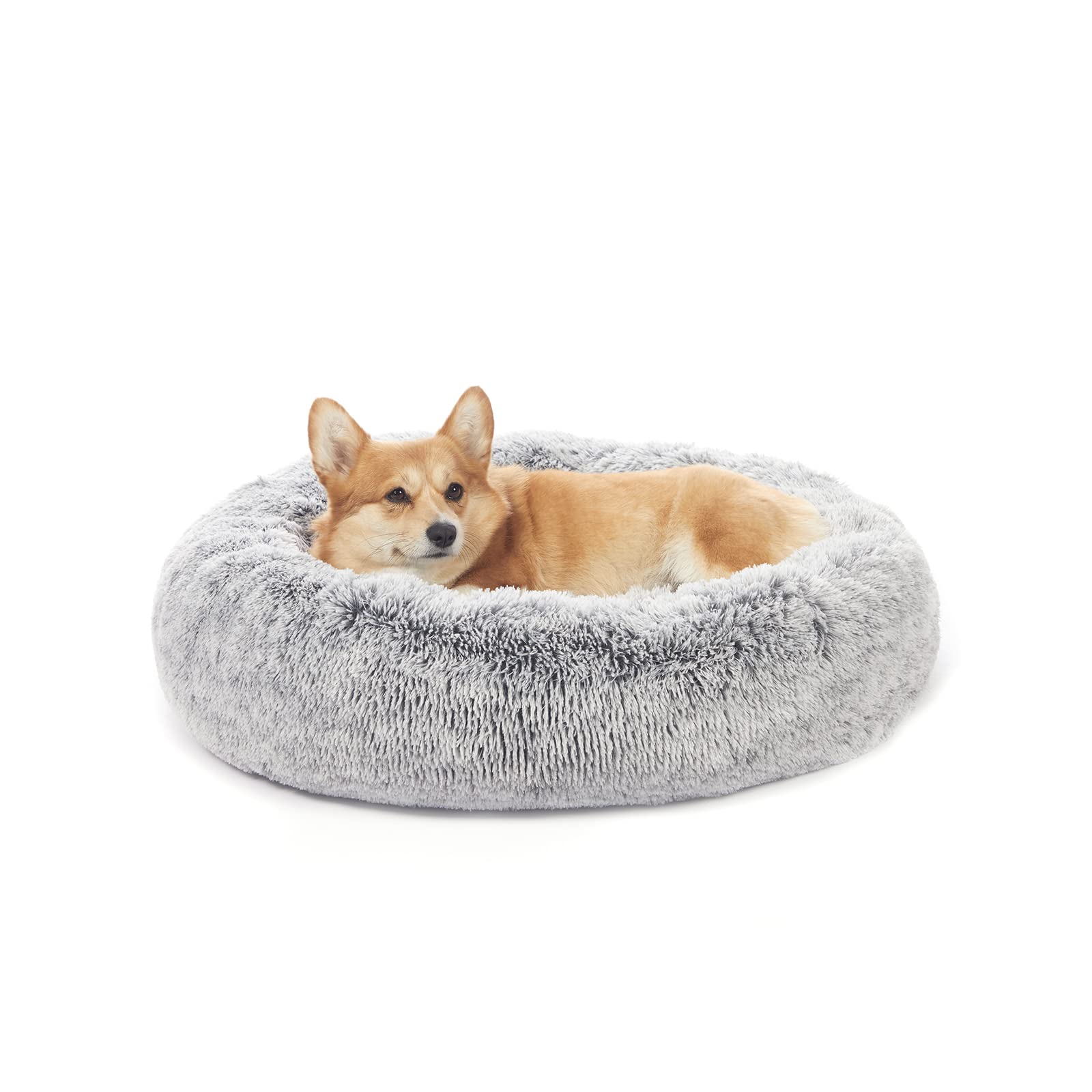 Bedfolks Calming Donut Cat Bed, Dia23 Round Fluffy Dog Beds for Small Dogs & Cat Beds for Indoor Cats, Washable Anti-Anxiety Plush Puppy Bed（Pink, Small）