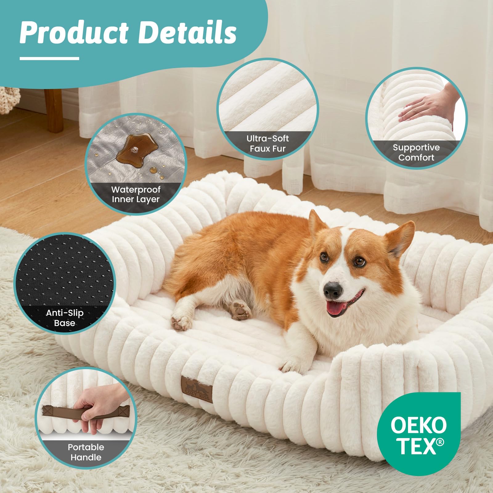 COZY KISS Orthopedic Dog Bed for Small Dogs & Medium Dogs - Washable Rectangle Pet Bed with Anti-Slip Bottom, Soft Calming Cat & Puppy Bed for Indoor Pets (30"x23"x7", Cream)