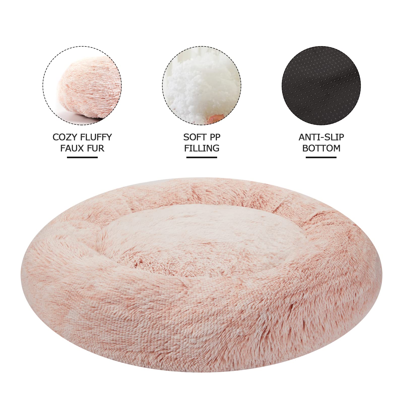 Bedfolks Calming Donut Cat Bed, Dia23 Round Fluffy Dog Beds for Small Dogs & Cat Beds for Indoor Cats, Washable Anti-Anxiety Plush Puppy Bed（Pink, Small）