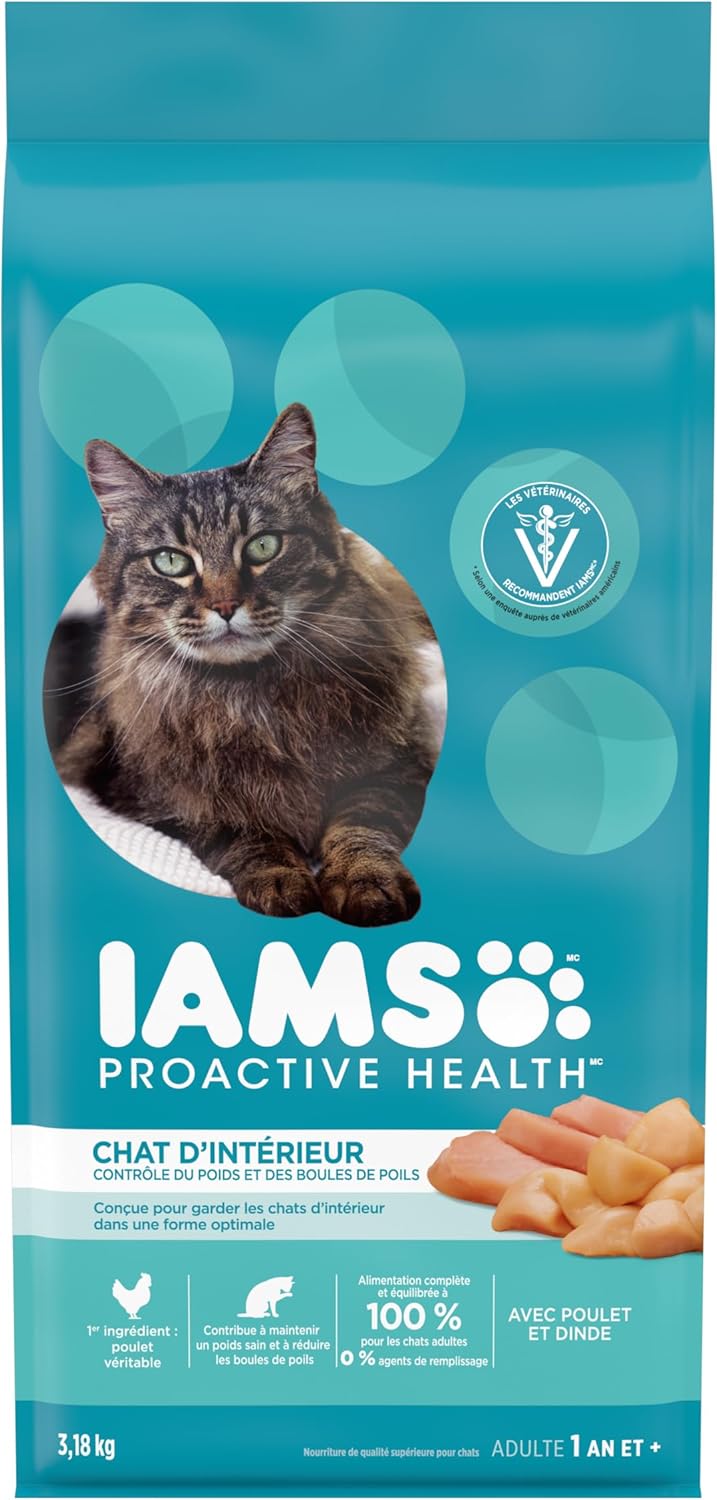 IAMS Proactive Health Indoor Weight & Hairball Care Adult Dry Cat Food – Chicken & Turkey – 3.18KG (7LB) Bag