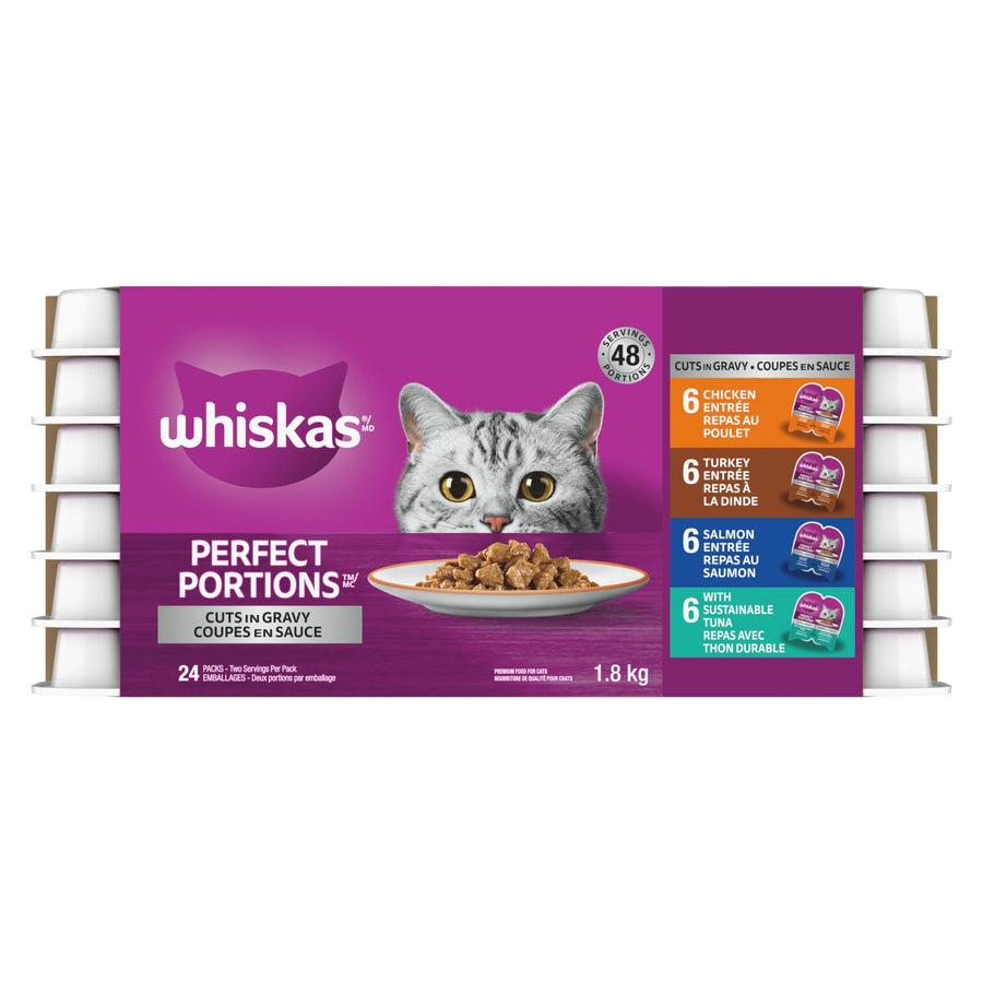 WHISKAS PERFECT PORTIONS Cuts in Gravy, Wet Cat Food, Chicken, Turkey, Salmon, Tuna Entrées, 24x75g Trays, 2 Single-serve Meals, For Adult Cats & Kittens, Made With Real Poultry & Seafood