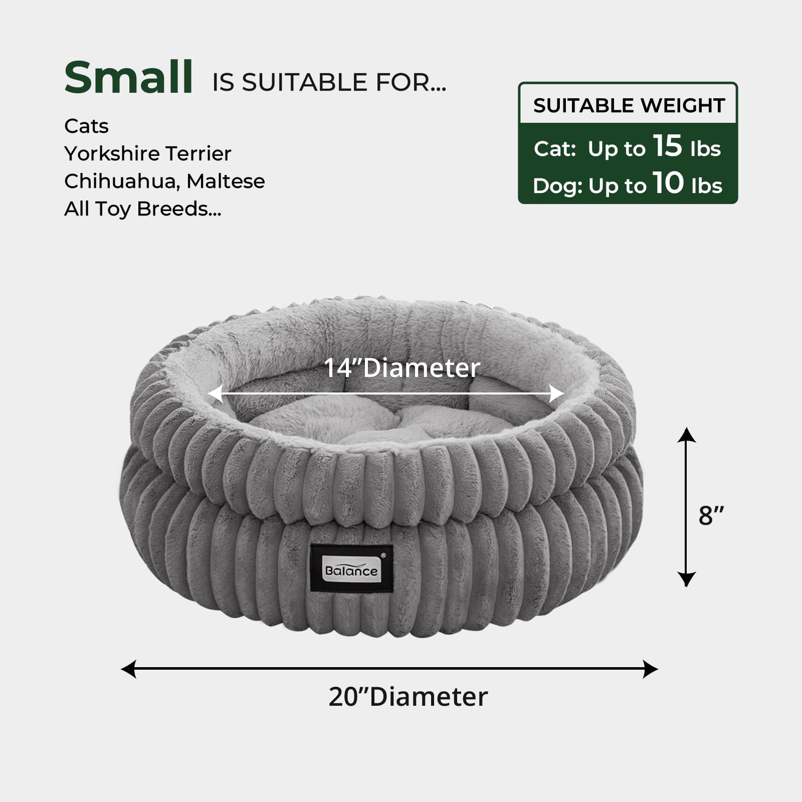 BALANCE Cat Bed Kitten Bed, Washable Round Cat Beds for Indoor Cats, Super Soft Plush Faux Fur Pet Bed for Puppy and Kitten with Anti-Slip Bottom