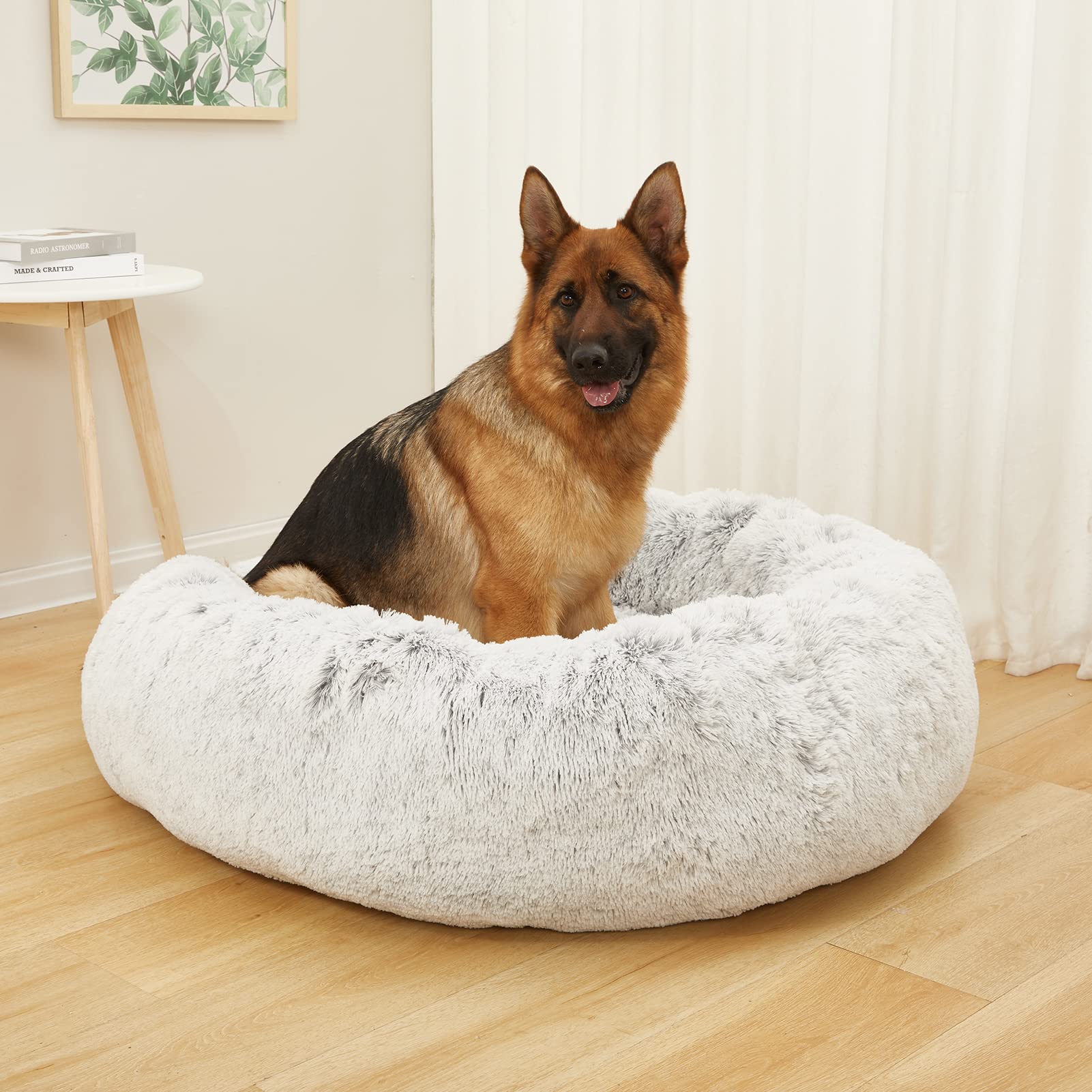 Bedfolks Calming Donut Cat Bed, Dia23 Round Fluffy Dog Beds for Small Dogs & Cat Beds for Indoor Cats, Washable Anti-Anxiety Plush Puppy Bed（Pink, Small）