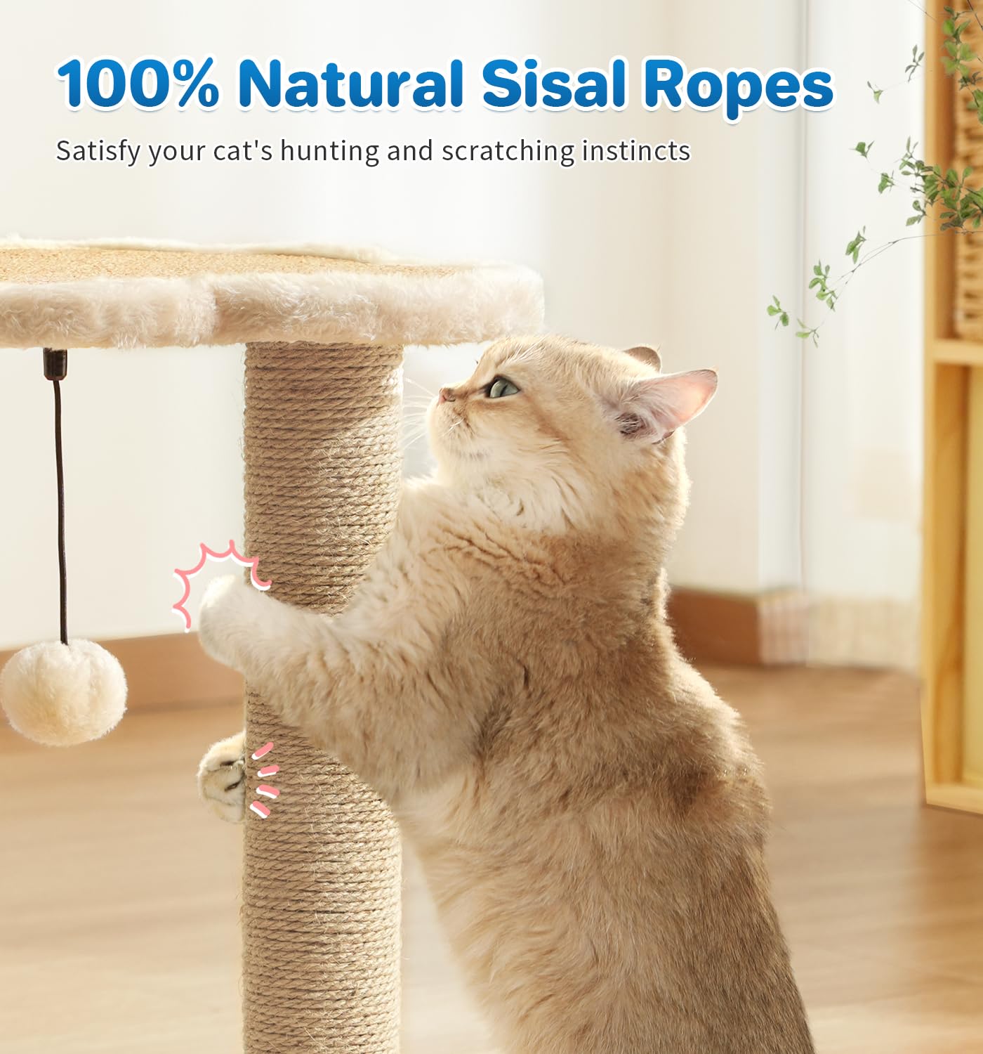 Made4Pets Cat Scratching Post with Cloud Bed Perch & Toys for Indoor Cats, Small Cat Tree Tower with Sisal Cat Scratcher & 2 Layer Track Balls, 6-in-1 with Self Groomer Brush & Plush Balls for Kittens