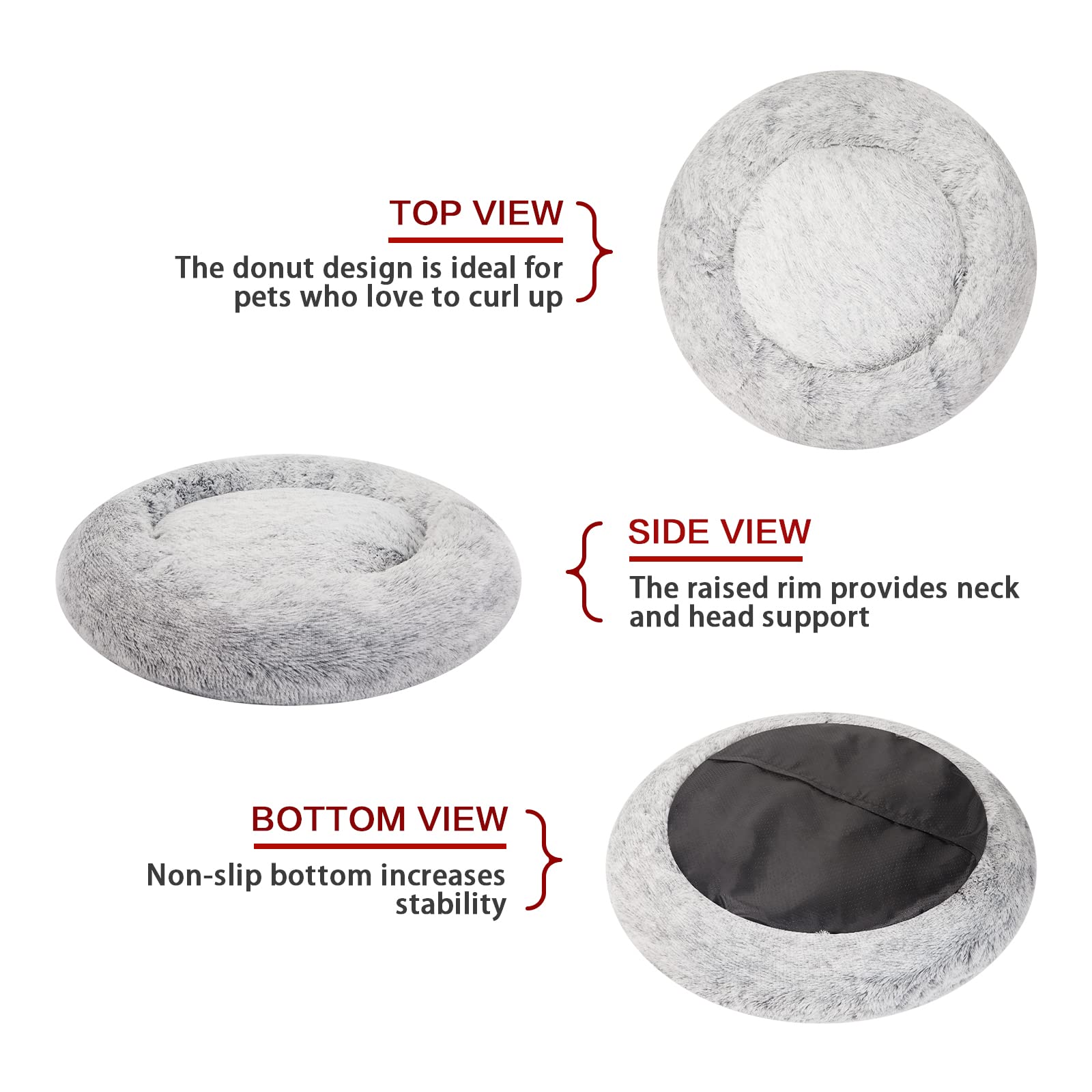 Bedfolks Calming Donut Cat Bed, Dia23 Round Fluffy Dog Beds for Small Dogs & Cat Beds for Indoor Cats, Washable Anti-Anxiety Plush Puppy Bed（Pink, Small）