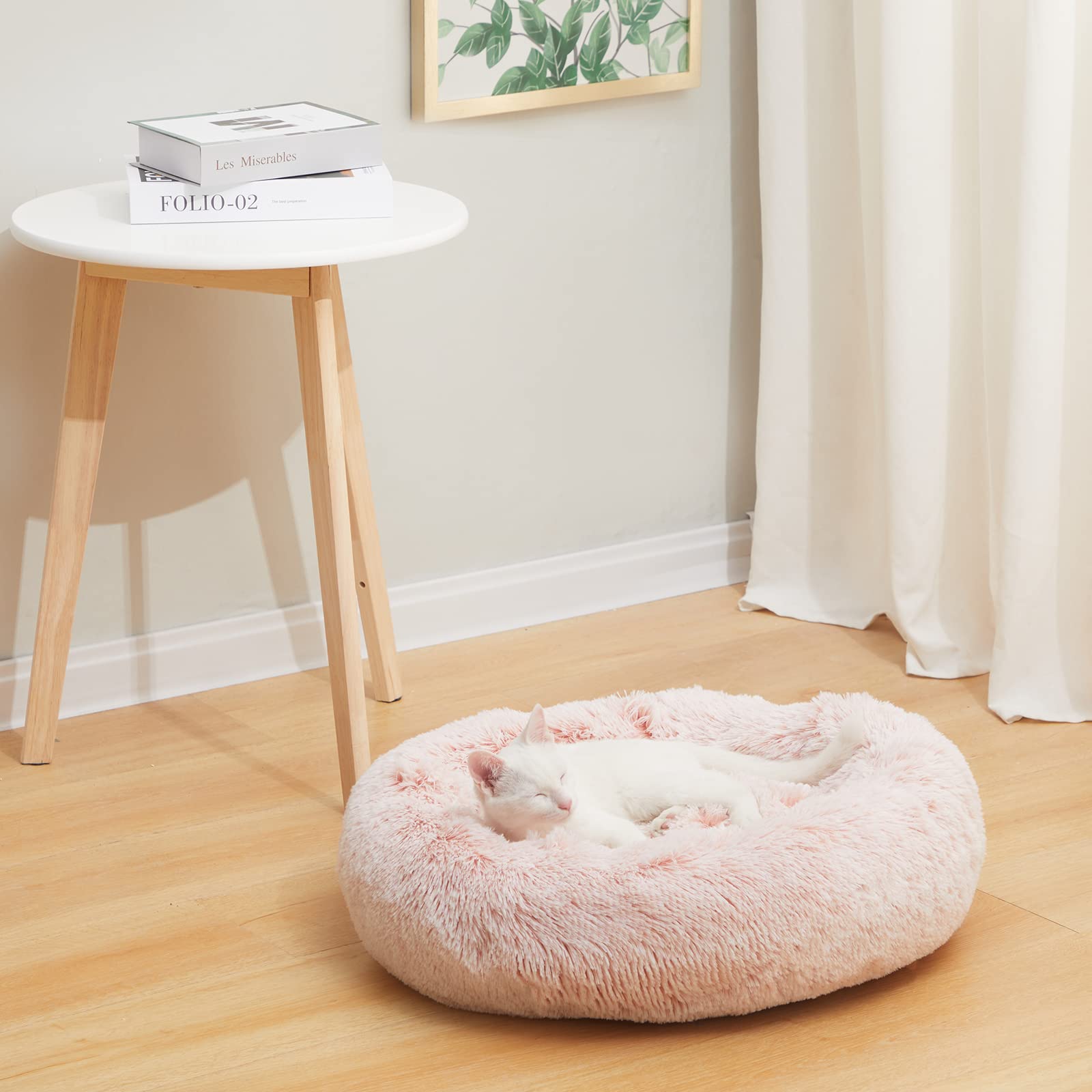 Bedfolks Calming Donut Cat Bed, Dia23 Round Fluffy Dog Beds for Small Dogs & Cat Beds for Indoor Cats, Washable Anti-Anxiety Plush Puppy Bed（Pink, Small）