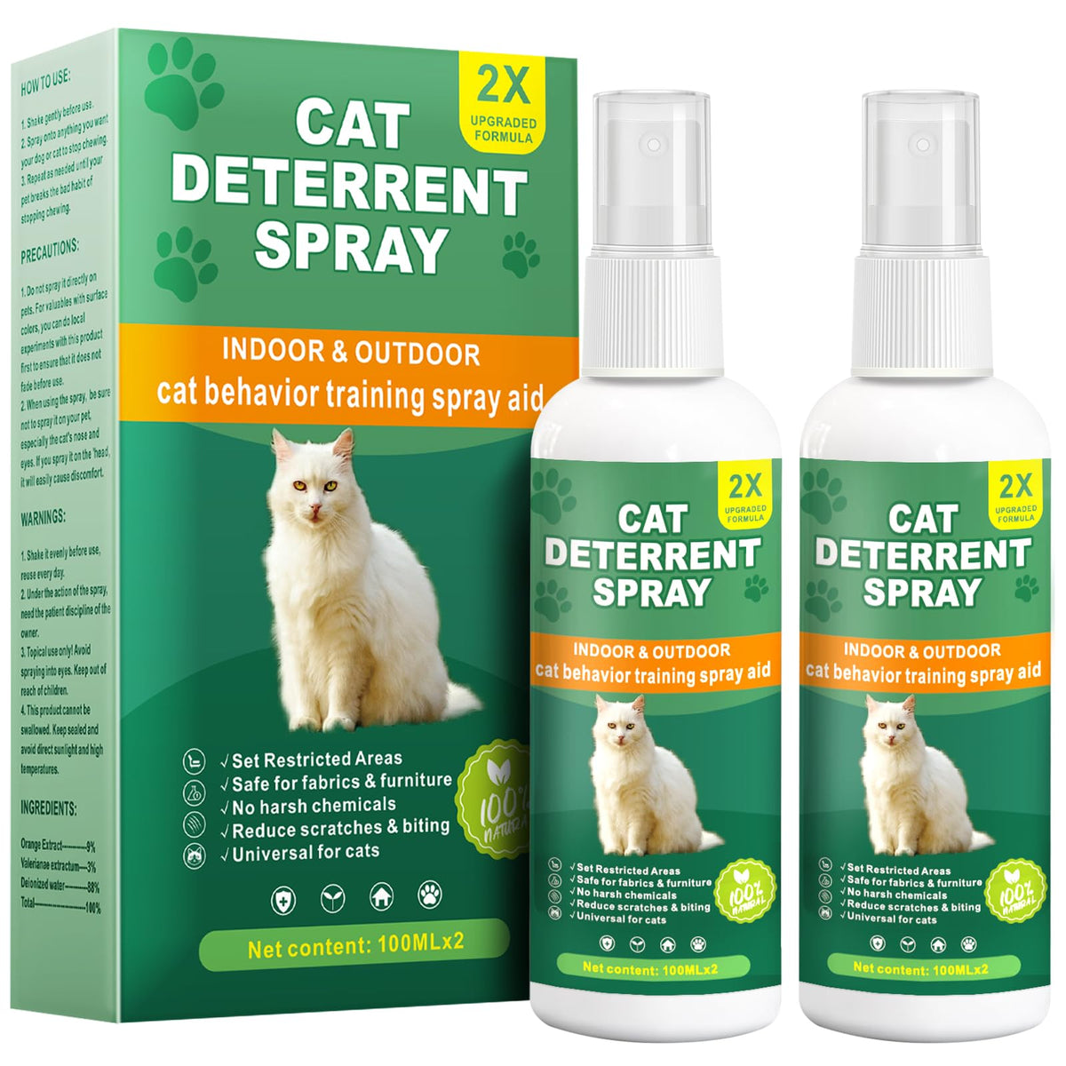 Cat Deterrent Spray for Furniture, 2 Pack Natural Indoor & Outdoor No Scratch Training Spray for Cats and Kittens, Protects Sofas, Rugs, Curtains and Plants, Non-Toxic Formula