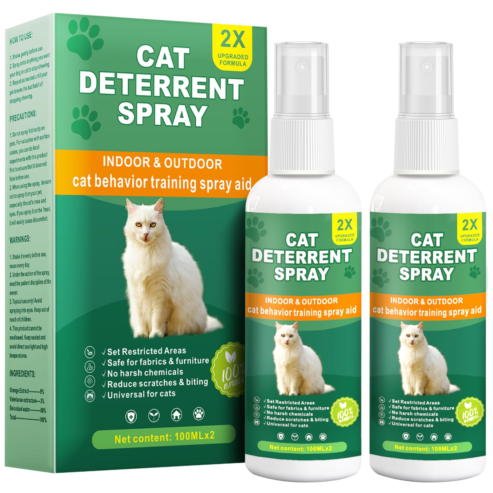 Cat Deterrent Spray for Furniture, 2 Pack Natural Indoor & Outdoor No Scratch Training Spray for Cats and Kittens, Protects Sofas, Rugs, Curtains and Plants, Non-Toxic Formula