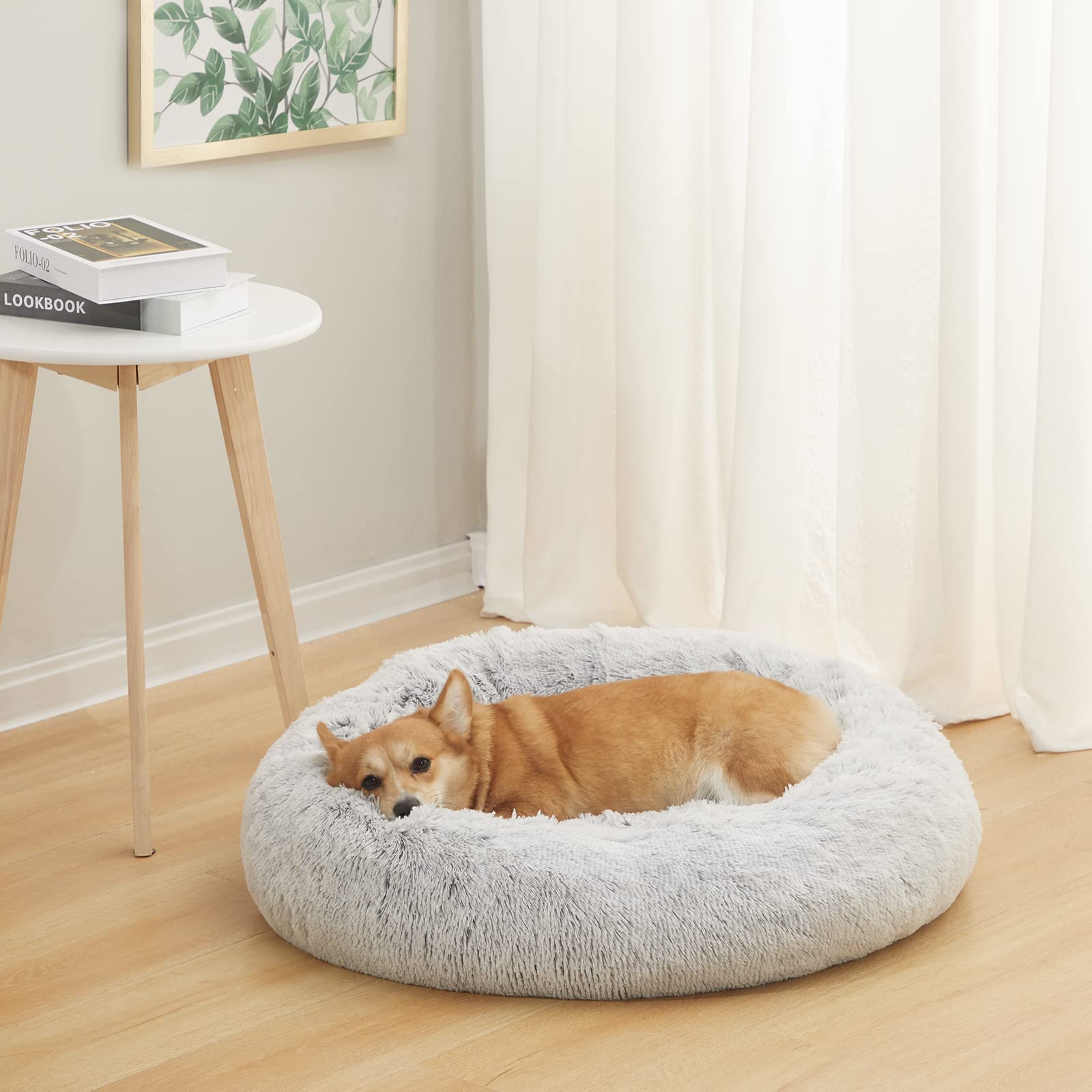 Bedfolks Calming Donut Cat Bed, Dia23 Round Fluffy Dog Beds for Small Dogs & Cat Beds for Indoor Cats, Washable Anti-Anxiety Plush Puppy Bed（Pink, Small）