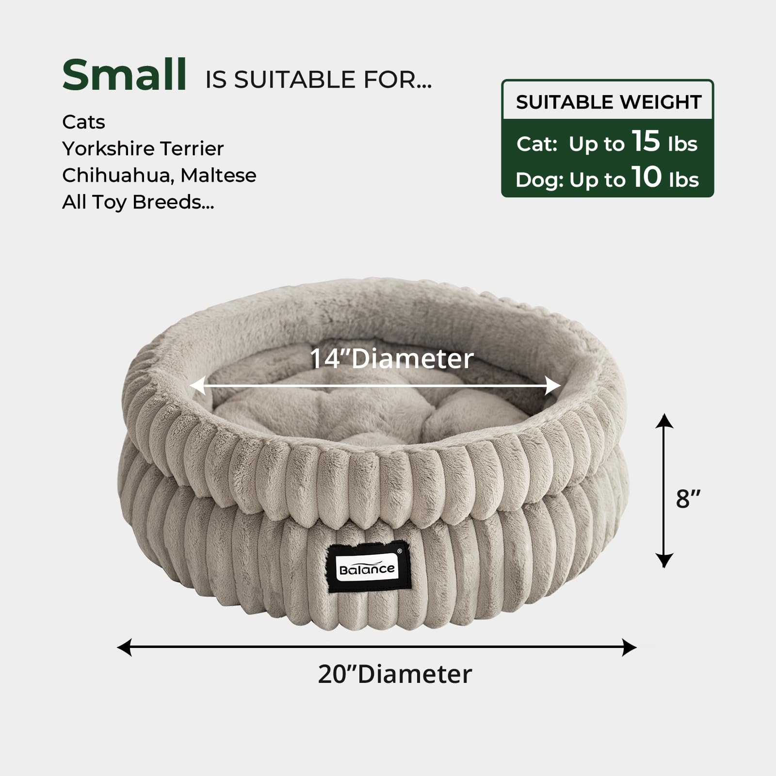 BALANCE Cat Bed Kitten Bed, Washable Round Cat Beds for Indoor Cats, Super Soft Plush Faux Fur Pet Bed for Puppy and Kitten with Anti-Slip Bottom