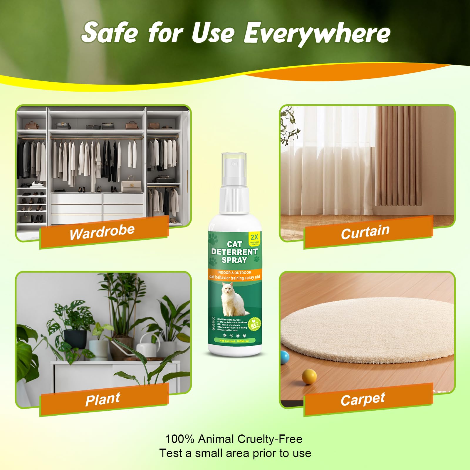 Cat Deterrent Spray for Furniture, 2 Pack Natural Indoor & Outdoor No Scratch Training Spray for Cats and Kittens, Protects Sofas, Rugs, Curtains and Plants, Non-Toxic Formula