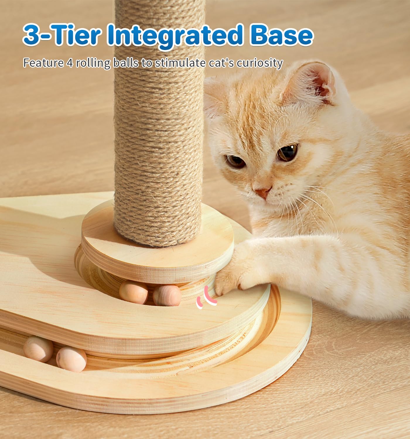 Made4Pets Cat Scratching Post with Cloud Bed Perch & Toys for Indoor Cats, Small Cat Tree Tower with Sisal Cat Scratcher & 2 Layer Track Balls, 6-in-1 with Self Groomer Brush & Plush Balls for Kittens