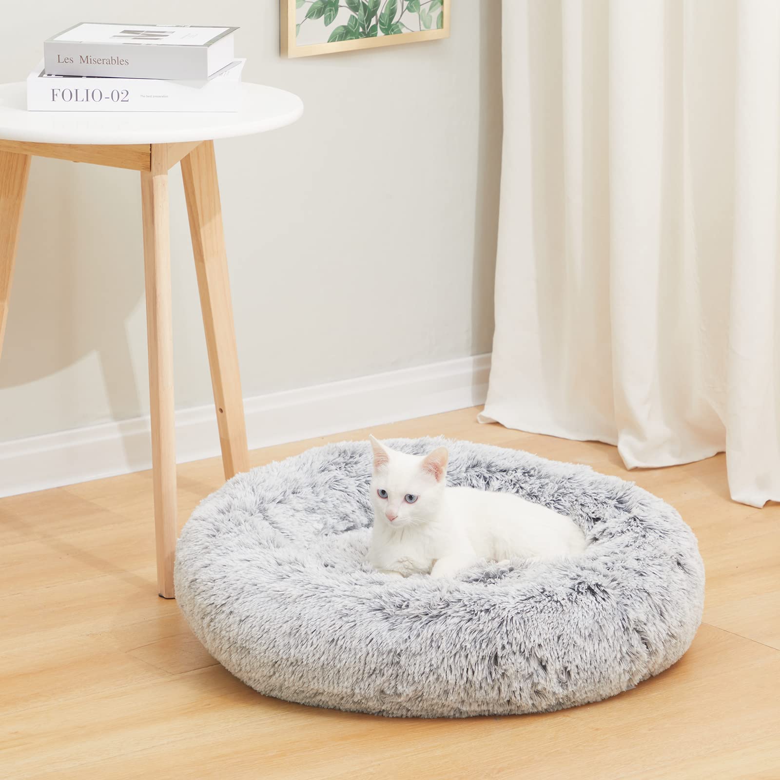 Bedfolks Calming Donut Cat Bed, Dia23 Round Fluffy Dog Beds for Small Dogs & Cat Beds for Indoor Cats, Washable Anti-Anxiety Plush Puppy Bed（Pink, Small）