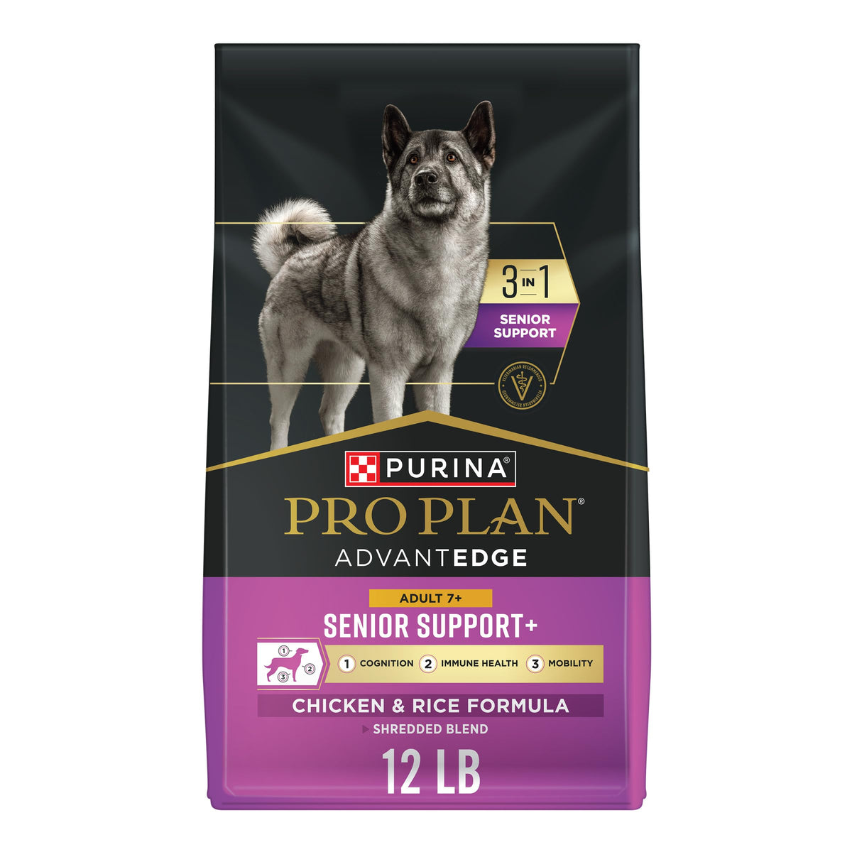 Purina Pro Plan Dry Dog Food, AdvantEDGE Senior Support+ Shredded Blend Chicken and Rice Formula - 5.44 kg Bag (1 Pack)
