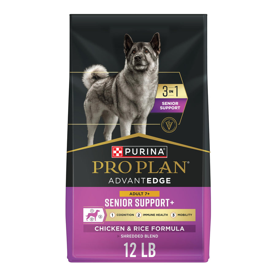 Purina Pro Plan Dry Dog Food, AdvantEDGE Senior Support+ Shredded Blend Chicken and Rice Formula - 5.44 kg Bag (1 Pack)