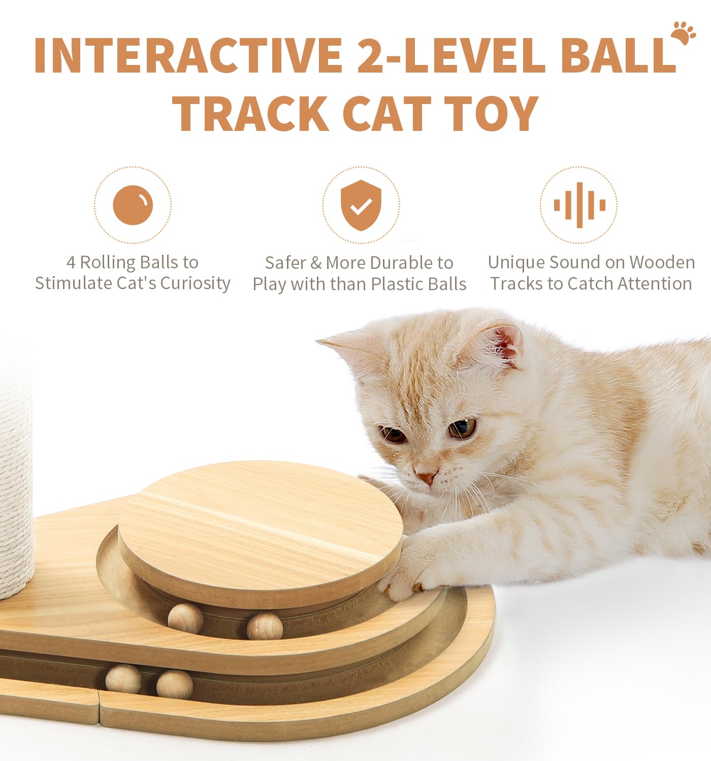 Made4Pets Cat Scratching Post with Cloud Bed Perch & Toys for Indoor Cats, Small Cat Tree Tower with Sisal Cat Scratcher & 2 Layer Track Balls, 6-in-1 with Self Groomer Brush & Plush Balls for Kittens