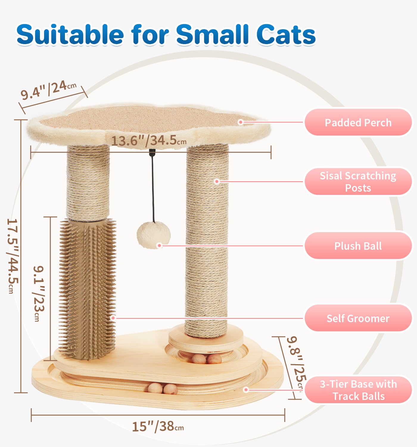 Made4Pets Cat Scratching Post with Cloud Bed Perch & Toys for Indoor Cats, Small Cat Tree Tower with Sisal Cat Scratcher & 2 Layer Track Balls, 6-in-1 with Self Groomer Brush & Plush Balls for Kittens