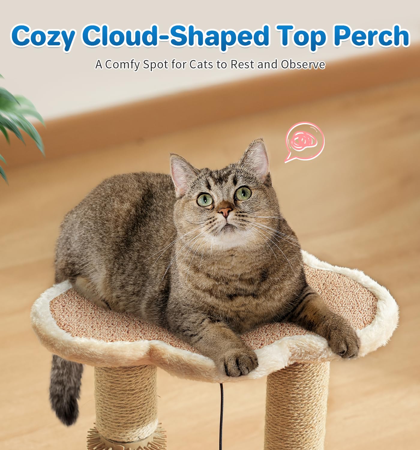Made4Pets Cat Scratching Post with Cloud Bed Perch & Toys for Indoor Cats, Small Cat Tree Tower with Sisal Cat Scratcher & 2 Layer Track Balls, 6-in-1 with Self Groomer Brush & Plush Balls for Kittens