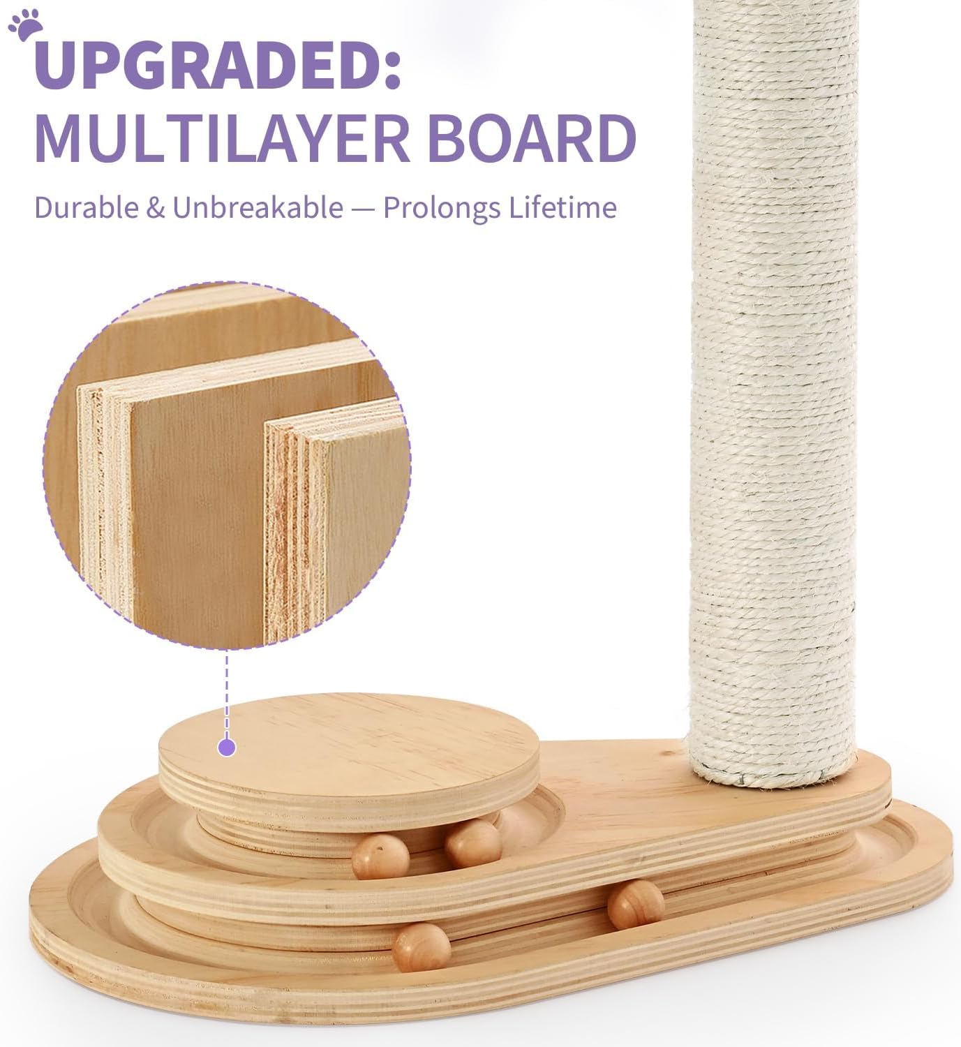 Made4Pets Cat Scratching Post with Cloud Bed Perch & Toys for Indoor Cats, Small Cat Tree Tower with Sisal Cat Scratcher & 2 Layer Track Balls, 6-in-1 with Self Groomer Brush & Plush Balls for Kittens