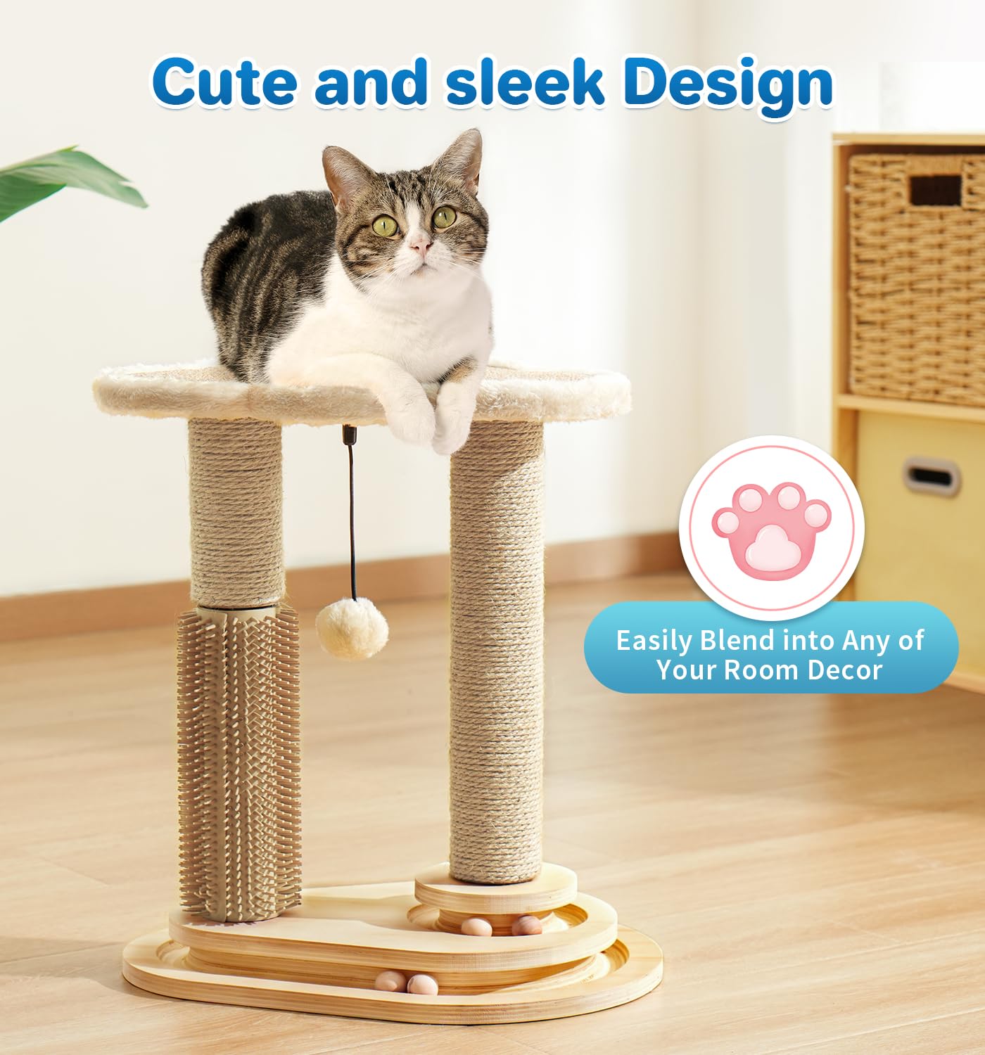 Made4Pets Cat Scratching Post with Cloud Bed Perch & Toys for Indoor Cats, Small Cat Tree Tower with Sisal Cat Scratcher & 2 Layer Track Balls, 6-in-1 with Self Groomer Brush & Plush Balls for Kittens
