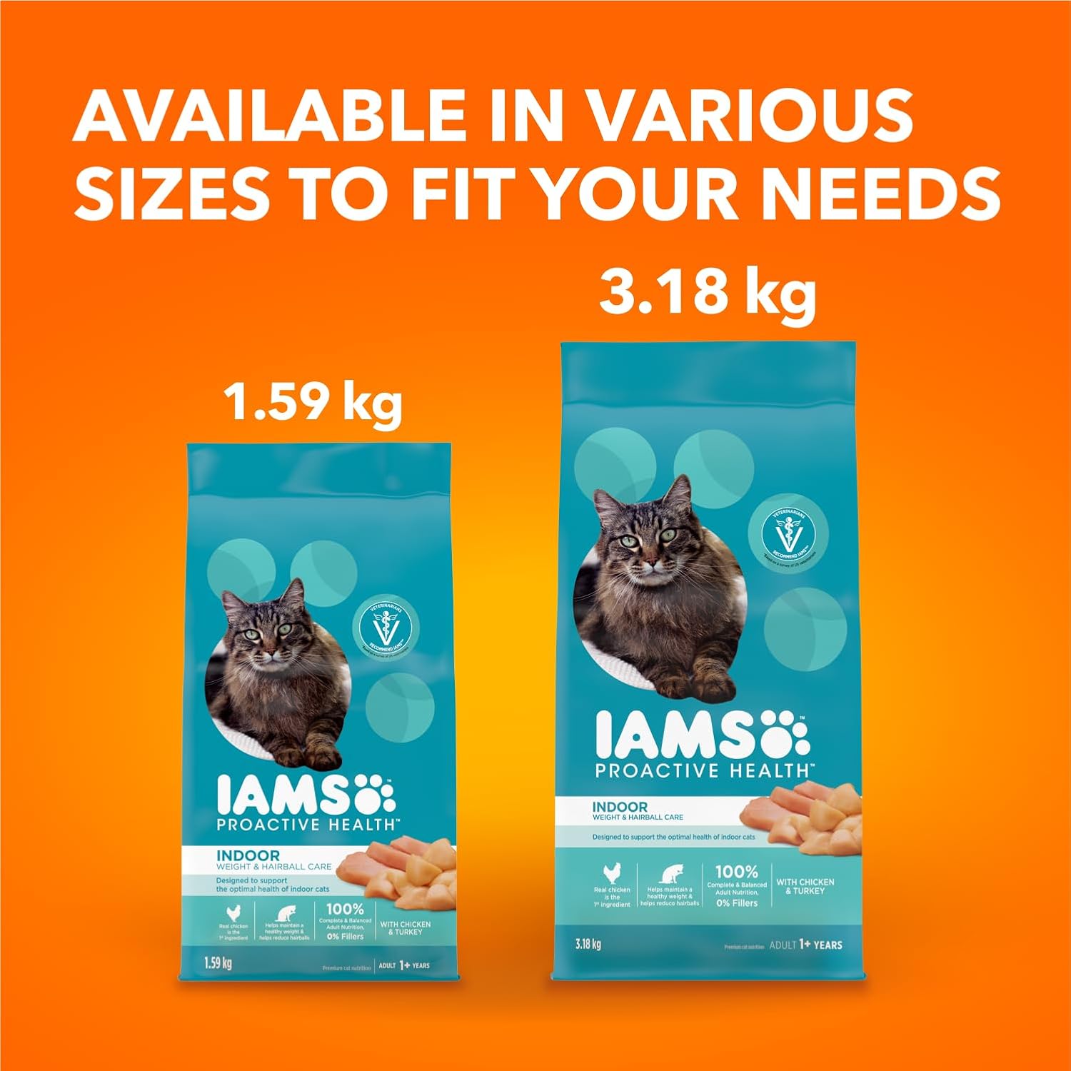 IAMS Proactive Health Indoor Weight & Hairball Care Adult Dry Cat Food – Chicken & Turkey – 3.18KG (7LB) Bag