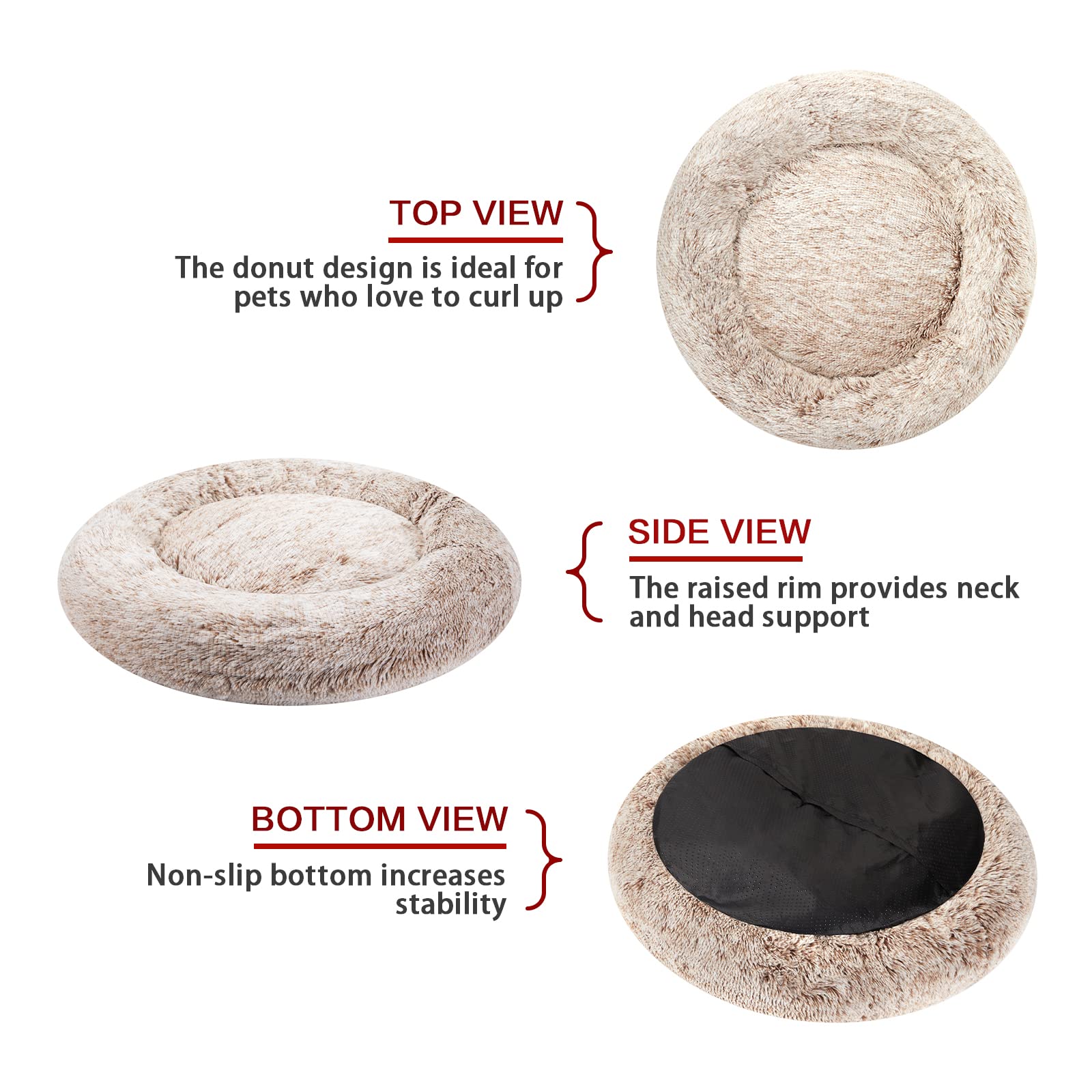 Bedfolks Calming Donut Cat Bed, Dia23 Round Fluffy Dog Beds for Small Dogs & Cat Beds for Indoor Cats, Washable Anti-Anxiety Plush Puppy Bed（Pink, Small）
