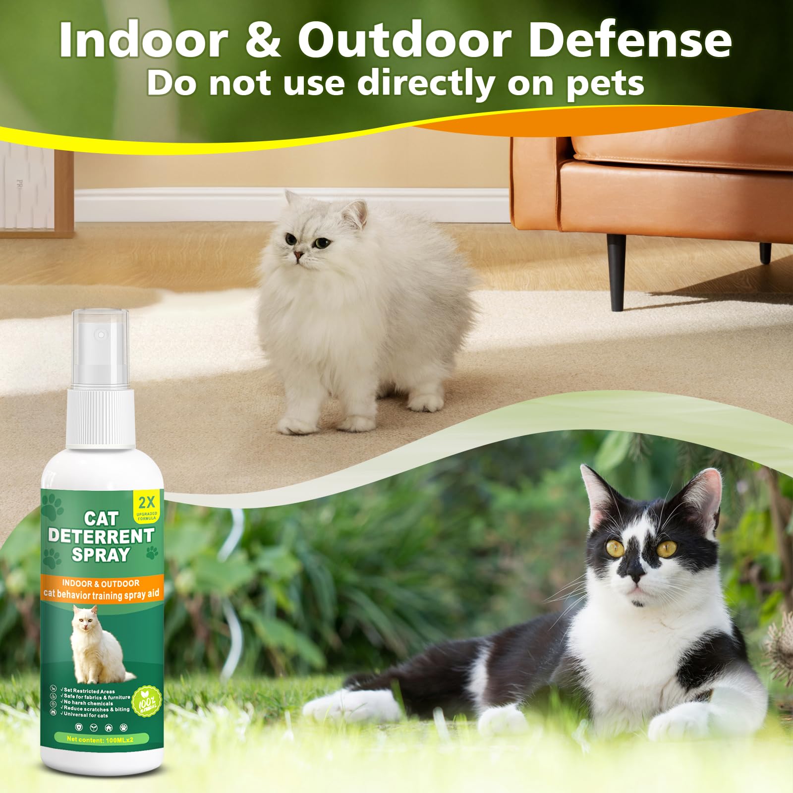 Cat Deterrent Spray for Furniture, 2 Pack Natural Indoor & Outdoor No Scratch Training Spray for Cats and Kittens, Protects Sofas, Rugs, Curtains and Plants, Non-Toxic Formula