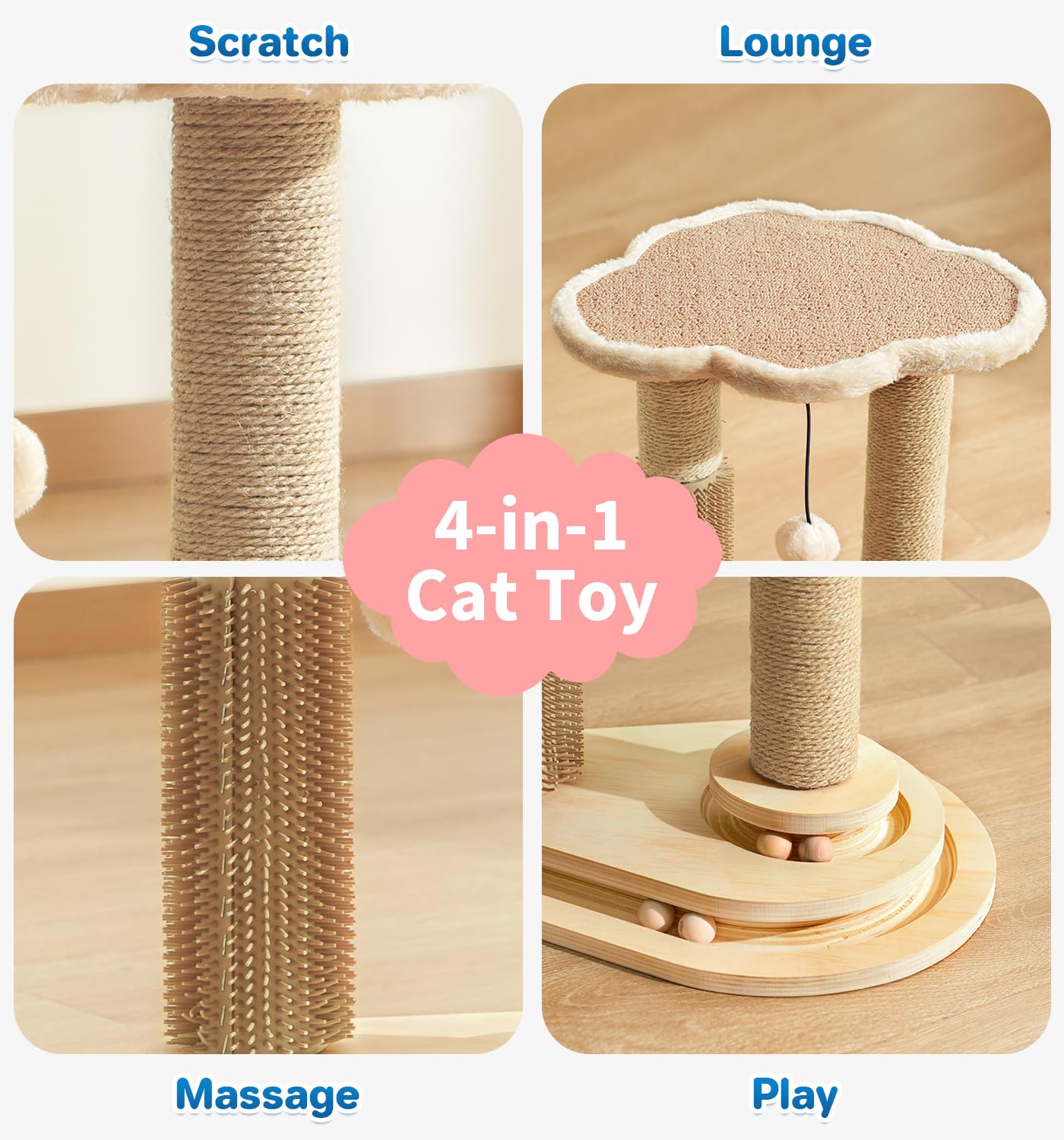 Made4Pets Cat Scratching Post with Cloud Bed Perch & Toys for Indoor Cats, Small Cat Tree Tower with Sisal Cat Scratcher & 2 Layer Track Balls, 6-in-1 with Self Groomer Brush & Plush Balls for Kittens