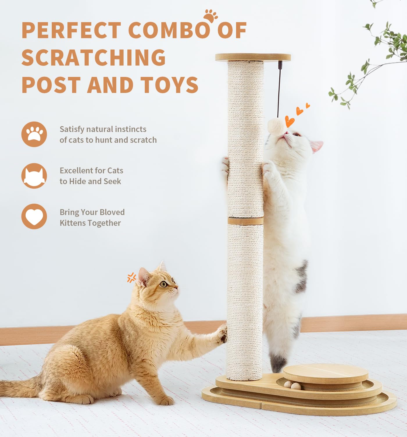 Made4Pets Cat Scratching Post with Cloud Bed Perch & Toys for Indoor Cats, Small Cat Tree Tower with Sisal Cat Scratcher & 2 Layer Track Balls, 6-in-1 with Self Groomer Brush & Plush Balls for Kittens