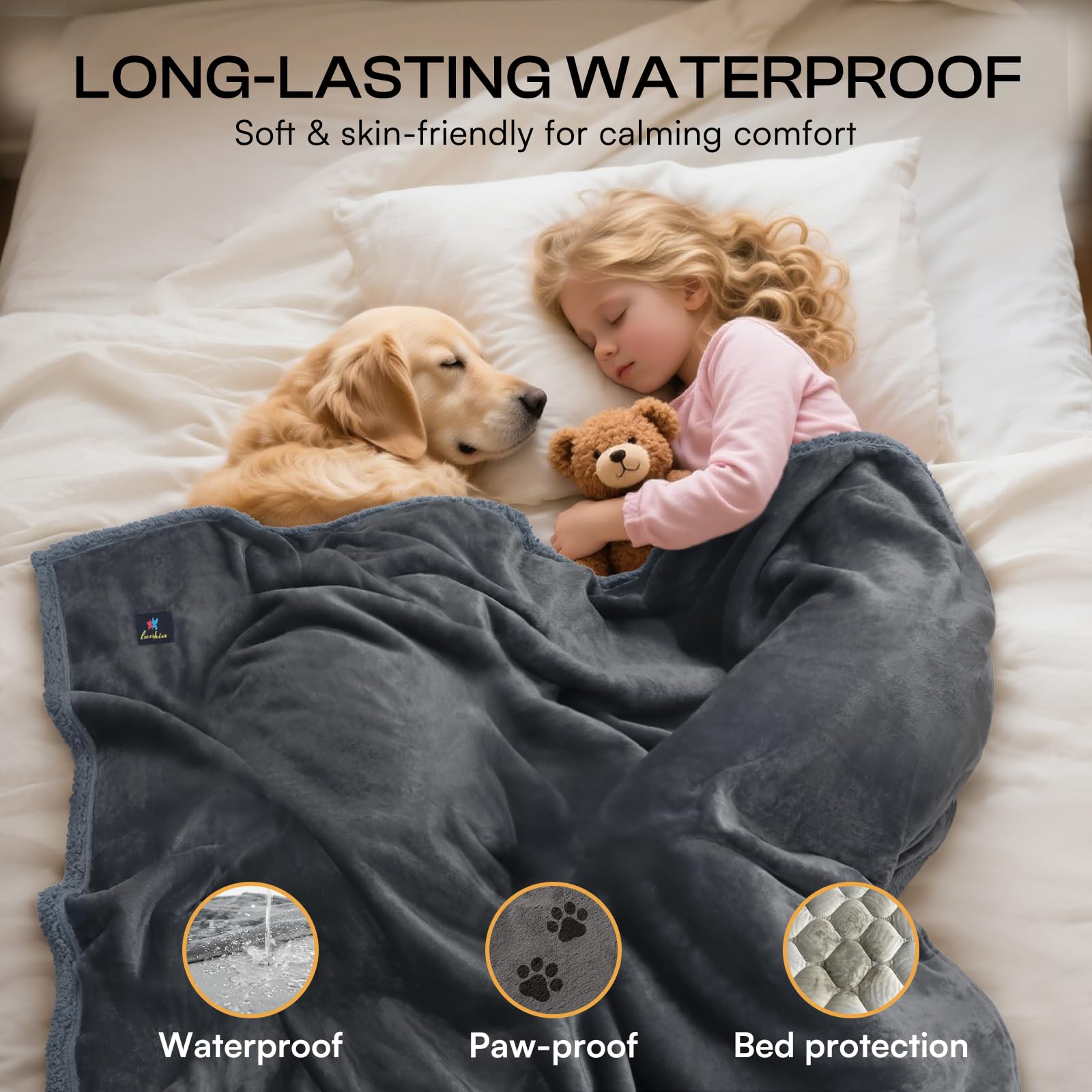 Luciphia Waterproof Bed Blanket Washable,Soft Sherpa Fleece Puppy Reversible Throw Blankets for Small Dog Cat,Furniture Cover Protector Couch Bed from Liquid Pee and Pet Fur, Grey, 40" x 28"